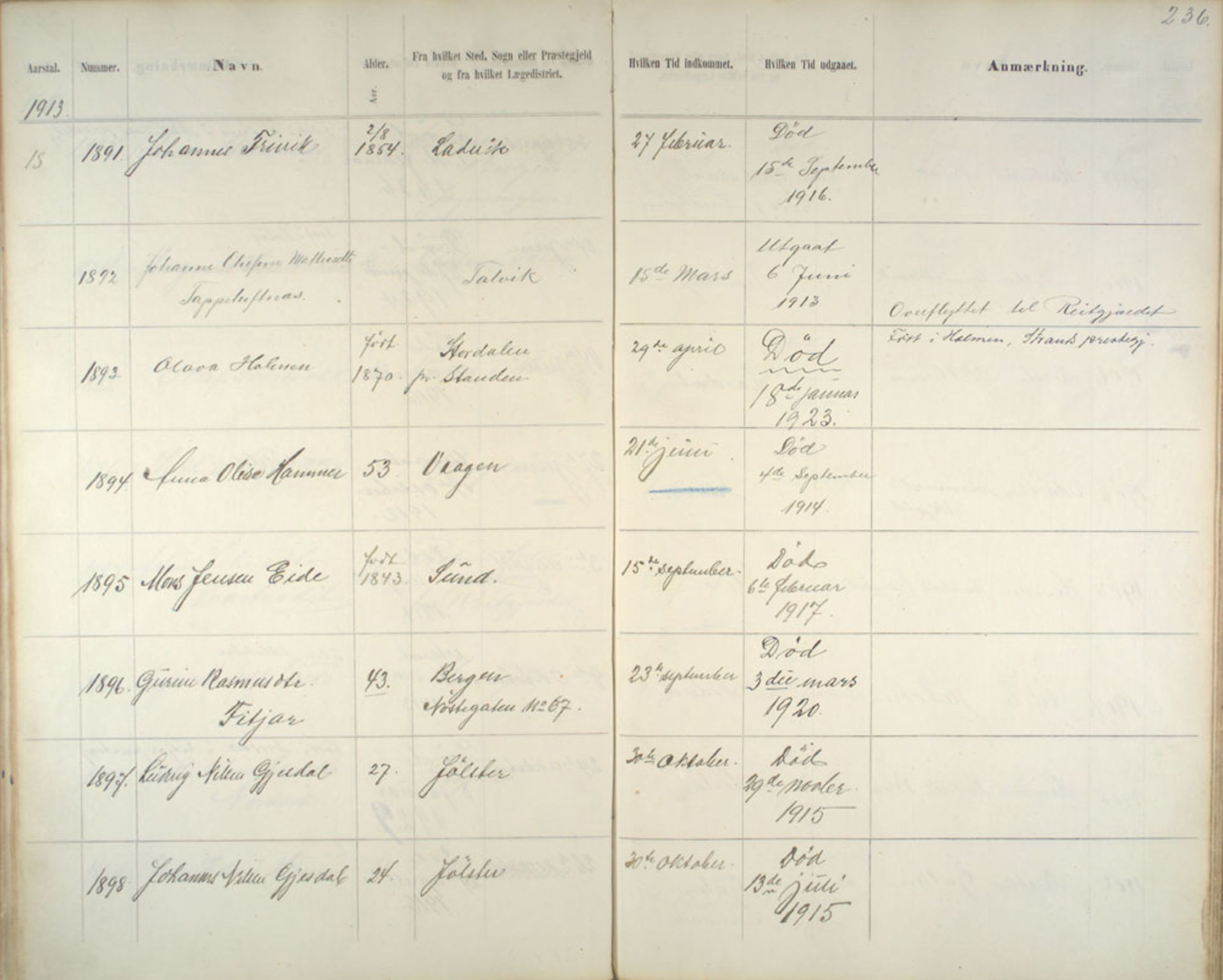 Lepraarkiver - Pleiestiftelsen for spedalske no.1, AV/SAB-A-60601/C/L0005: Av- og tilgangsliste, 1857-1955, s. 236