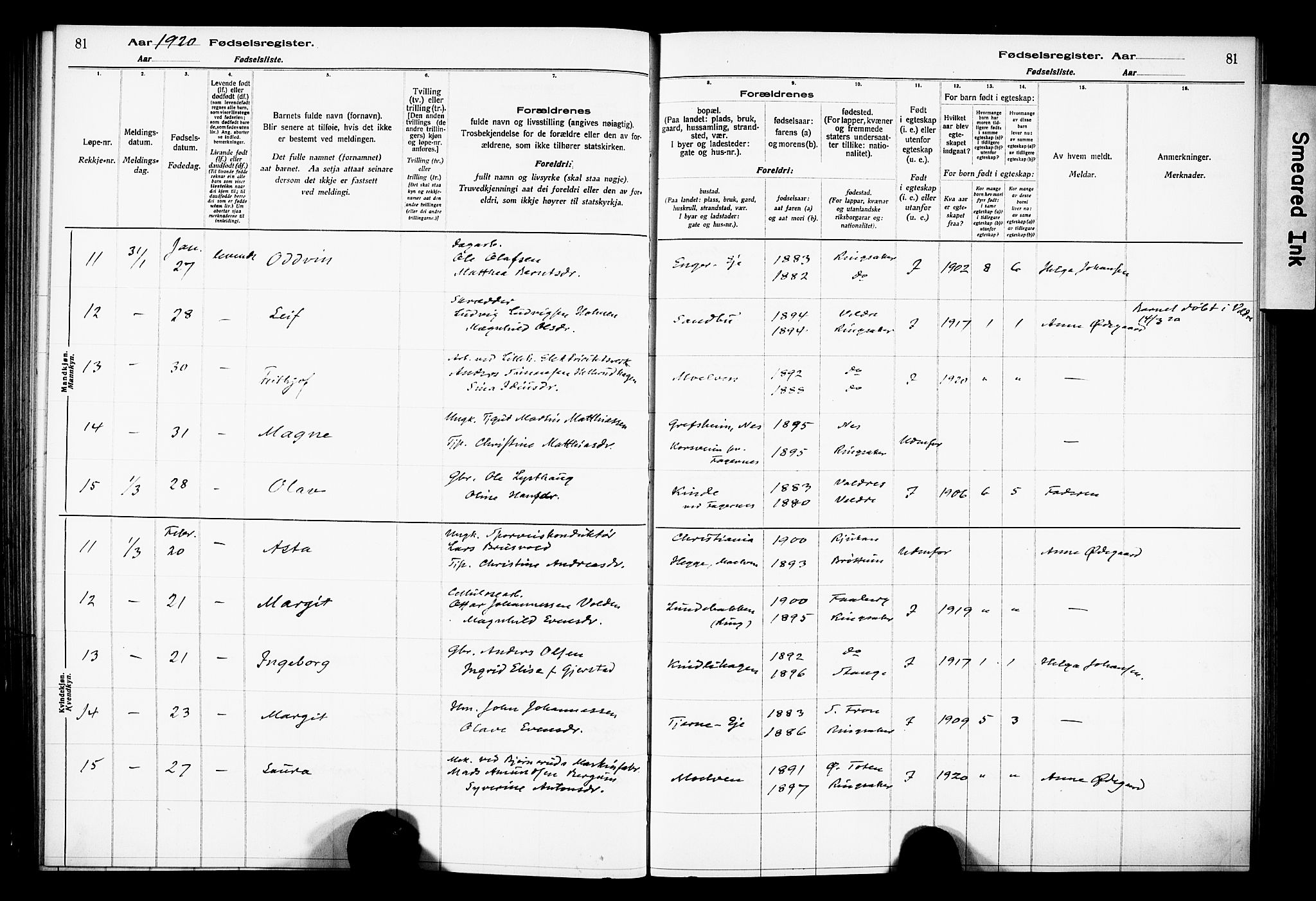 Ringsaker prestekontor, AV/SAH-PREST-014/O/Oa/L0001: Fødselsregister nr. 1, 1916-1925, s. 81