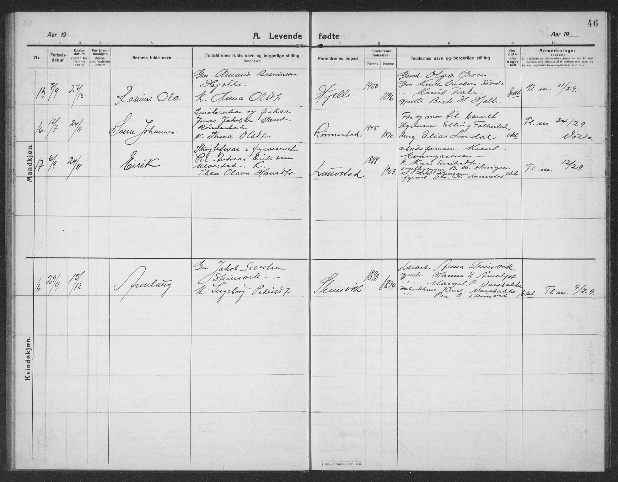 Ministerialprotokoller, klokkerbøker og fødselsregistre - Møre og Romsdal, AV/SAT-A-1454/512/L0169: Klokkerbok nr. 512C01, 1910-1935, s. 46