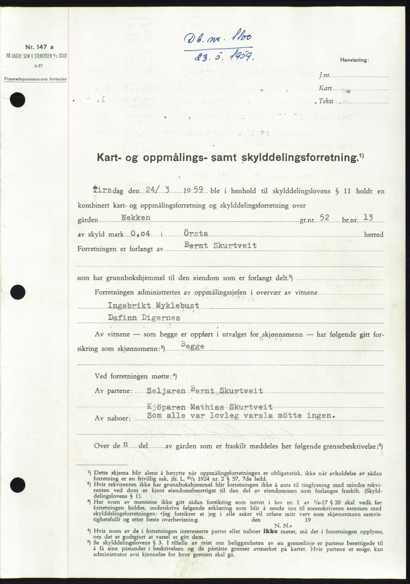 Søre Sunnmøre sorenskriveri, SAT/A-4122/1/2/2C/L0112: Pantebok nr. 38A, 1959-1959, Dagboknr: 1100/1959