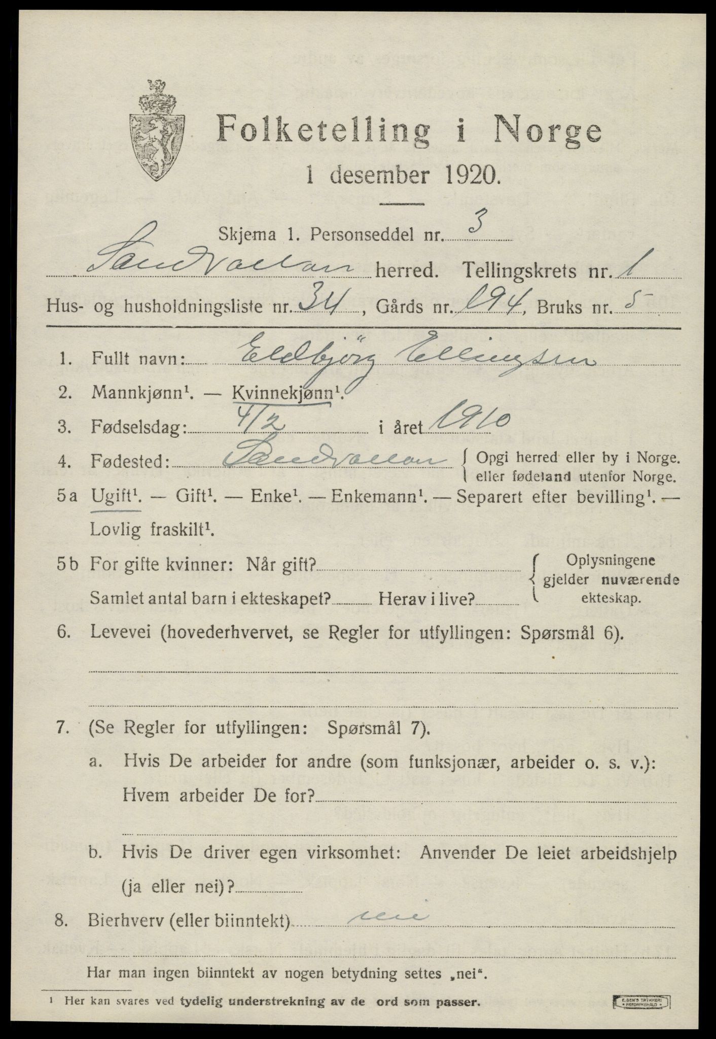 SAT, Folketelling 1920 for 1728 Sandvollan herred, 1920, s. 637