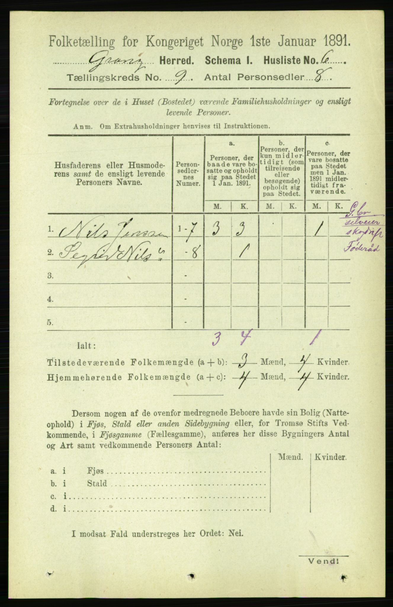 RA, Folketelling 1891 for 1742 Grong herred, 1891, s. 3074