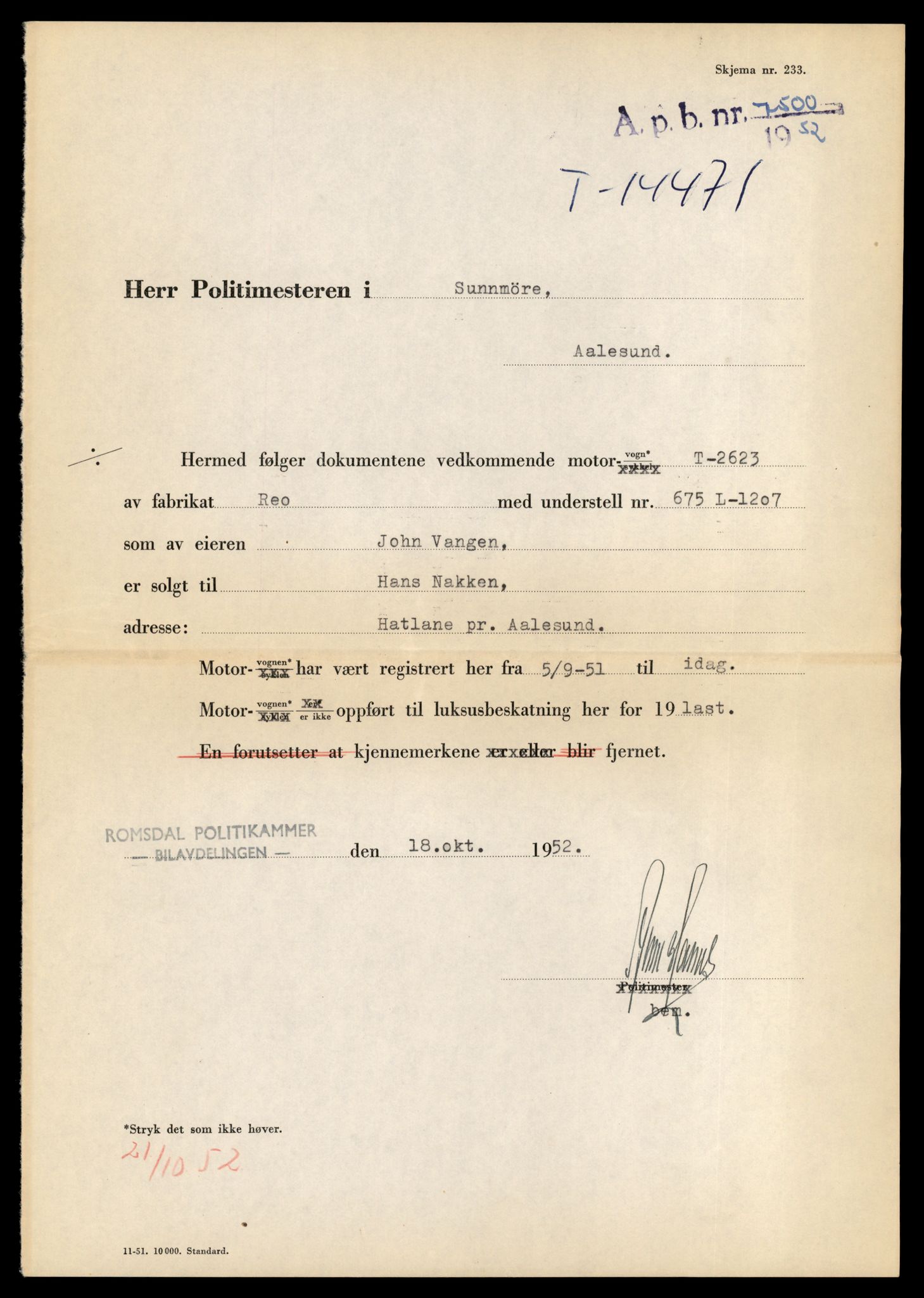 Møre og Romsdal vegkontor - Ålesund trafikkstasjon, AV/SAT-A-4099/F/Fe/L0046: Registreringskort for kjøretøy T 14445 - T 14579, 1927-1998