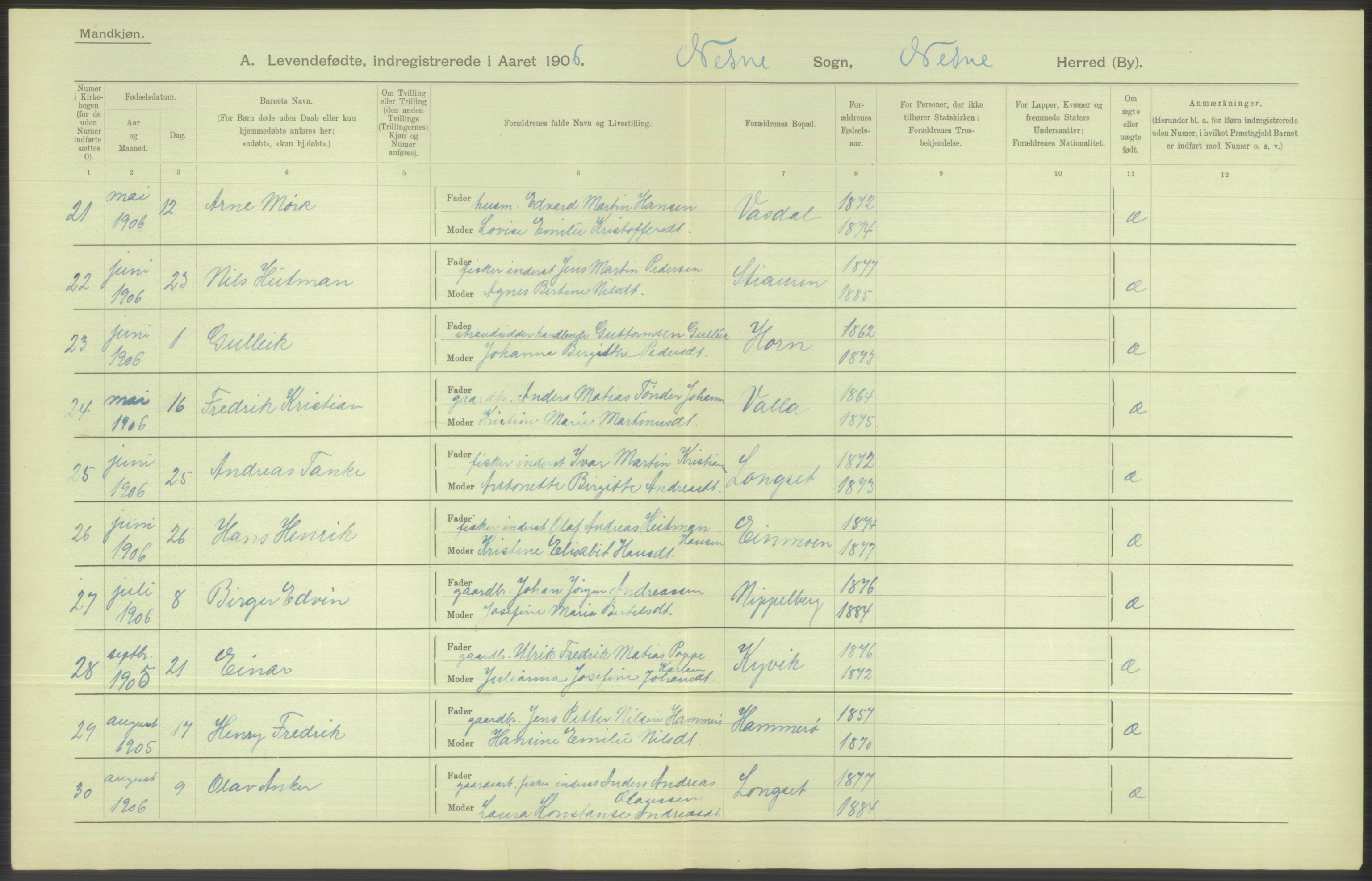 Statistisk sentralbyrå, Sosiodemografiske emner, Befolkning, AV/RA-S-2228/D/Df/Dfa/Dfad/L0043: Nordlands amt: Levendefødte menn og kvinner. Bygder., 1906, s. 80