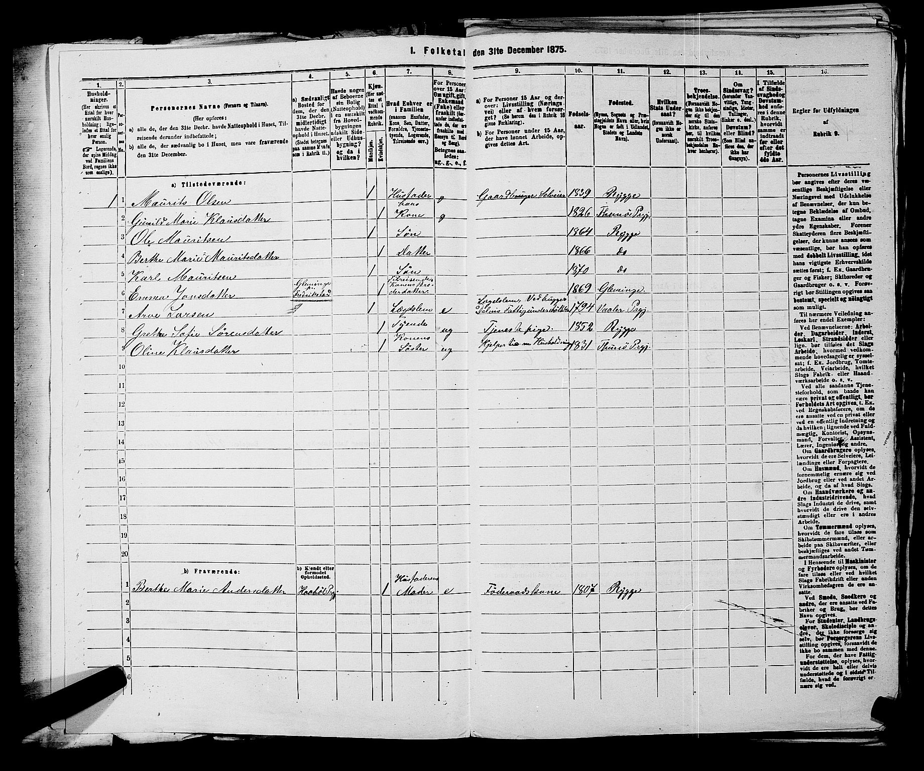 RA, Folketelling 1875 for 0136P Rygge prestegjeld, 1875, s. 291