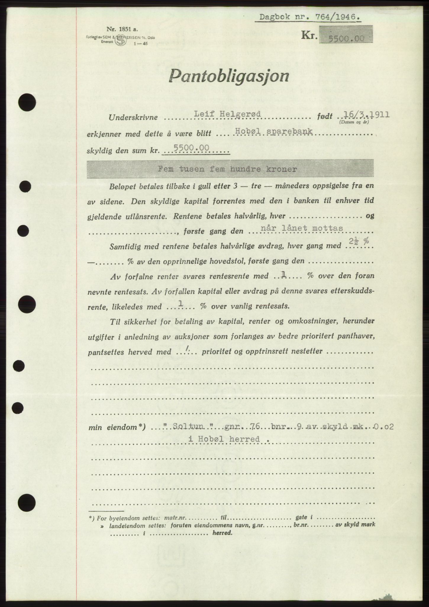 Moss sorenskriveri, SAO/A-10168: Pantebok nr. B15, 1946-1946, Dagboknr: 764/1946