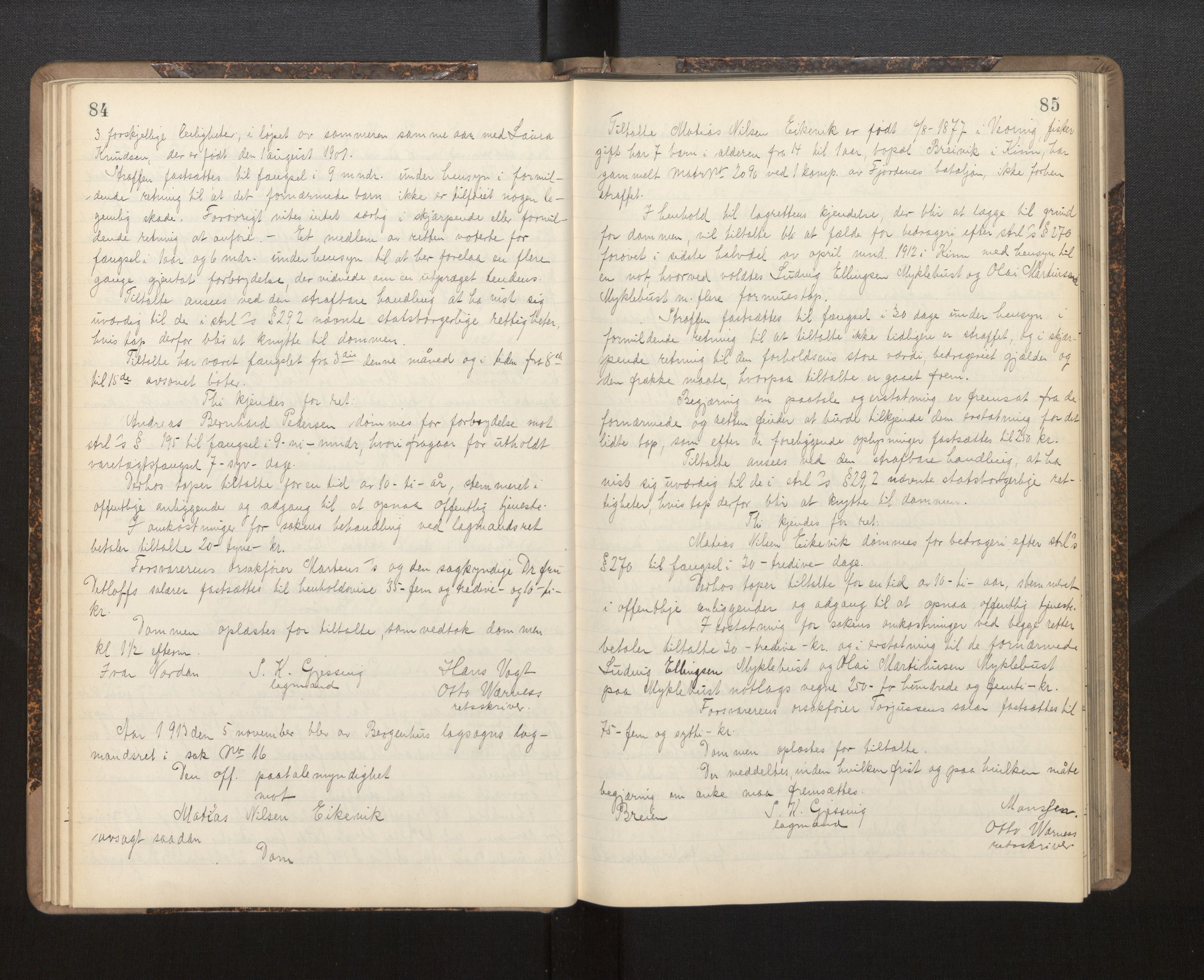 Gulating lagmannsrett, AV/SAB-A-60201/D/Da/L0005: Domsprotokoll for straffesaker - Gula- og Frostating lagdømme, 1912-1918, s. 84-85