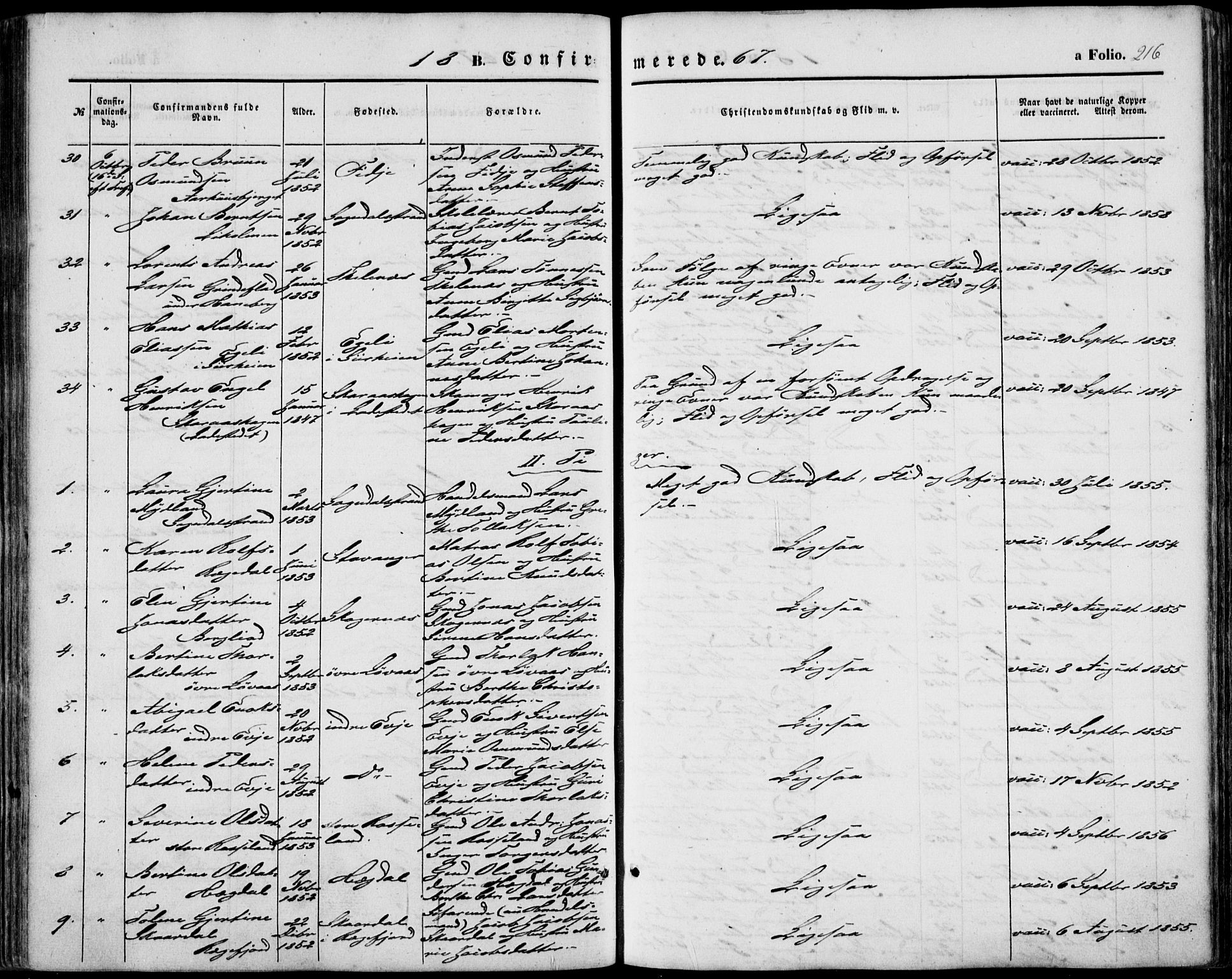 Sokndal sokneprestkontor, AV/SAST-A-101808: Ministerialbok nr. A 9, 1857-1874, s. 216