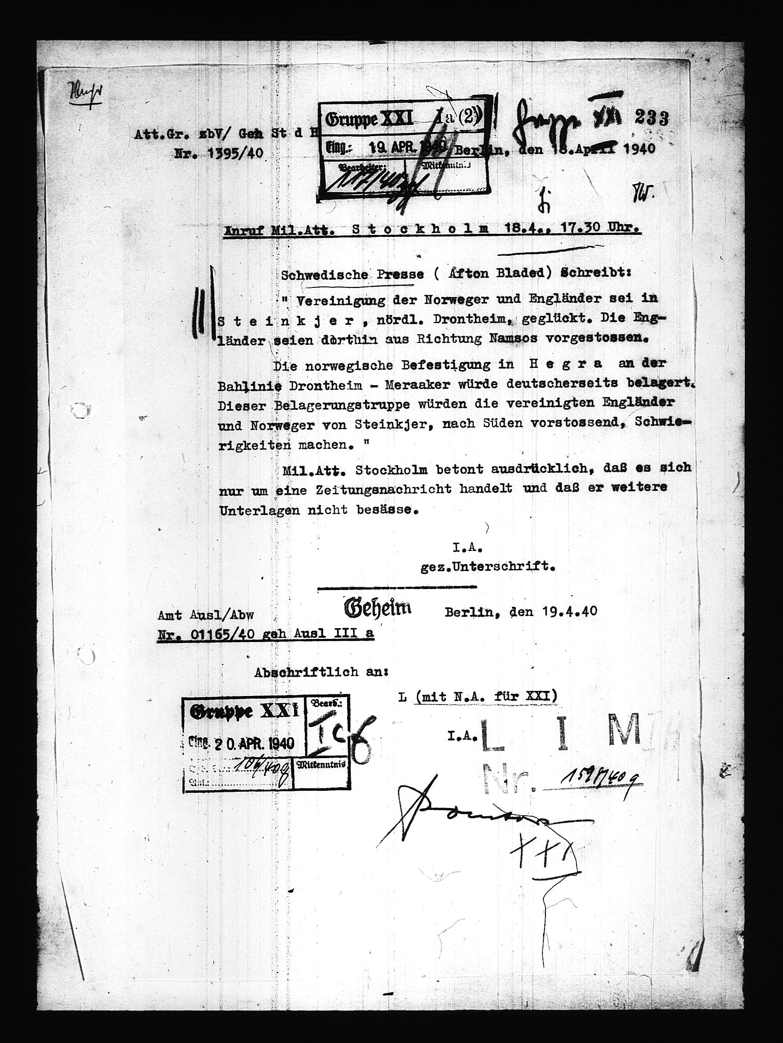 Documents Section, AV/RA-RAFA-2200/V/L0085: Amerikansk mikrofilm "Captured German Documents".
Box No. 724.  FKA jnr. 615/1954., 1940-1941, s. 15