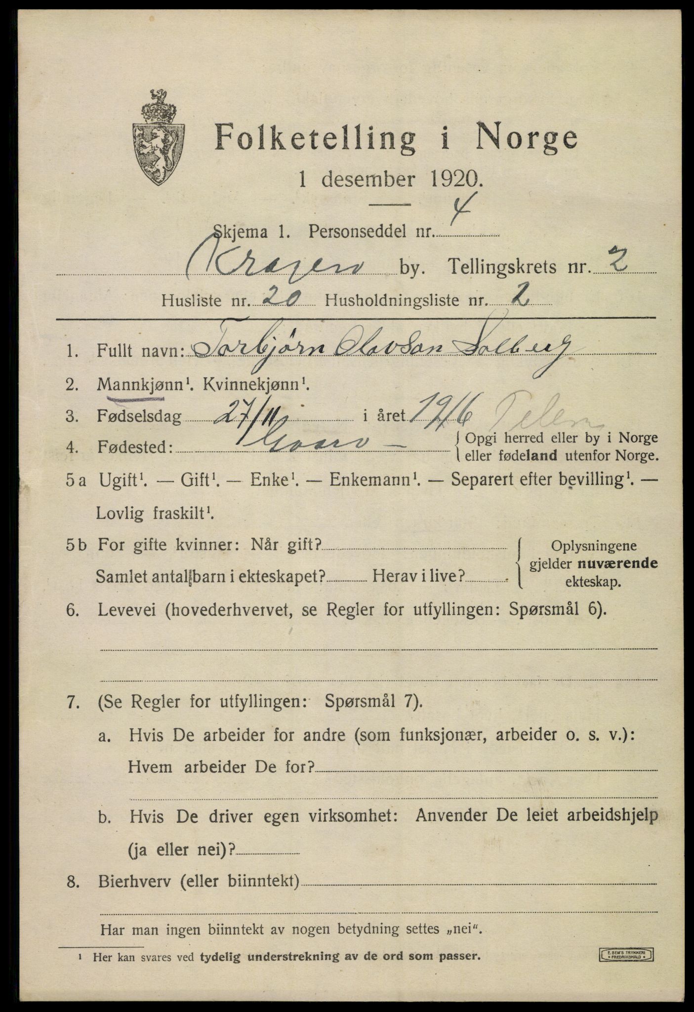 SAKO, Folketelling 1920 for 0801 Kragerø kjøpstad, 1920, s. 5605