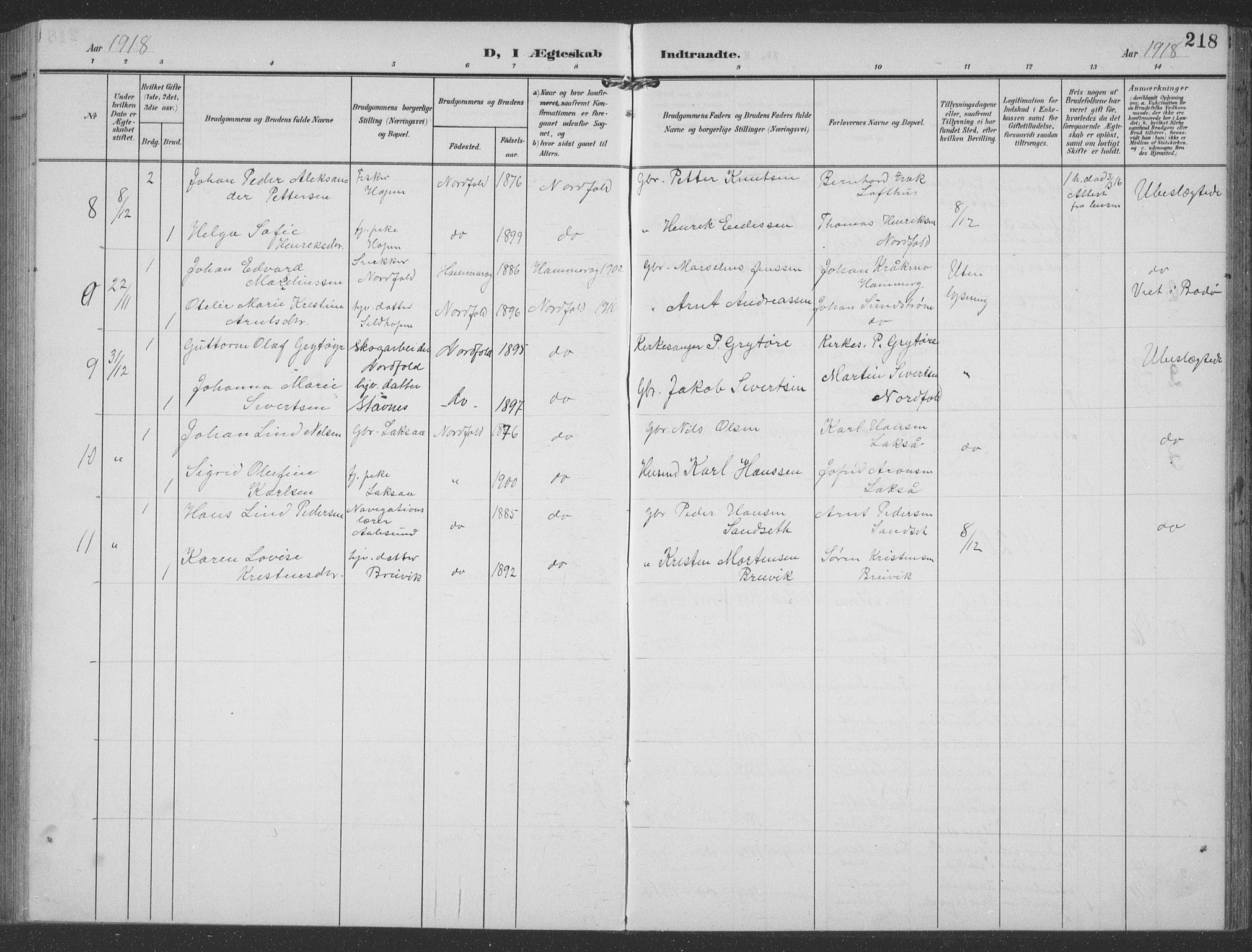 Ministerialprotokoller, klokkerbøker og fødselsregistre - Nordland, AV/SAT-A-1459/858/L0835: Klokkerbok nr. 858C02, 1904-1940, s. 218