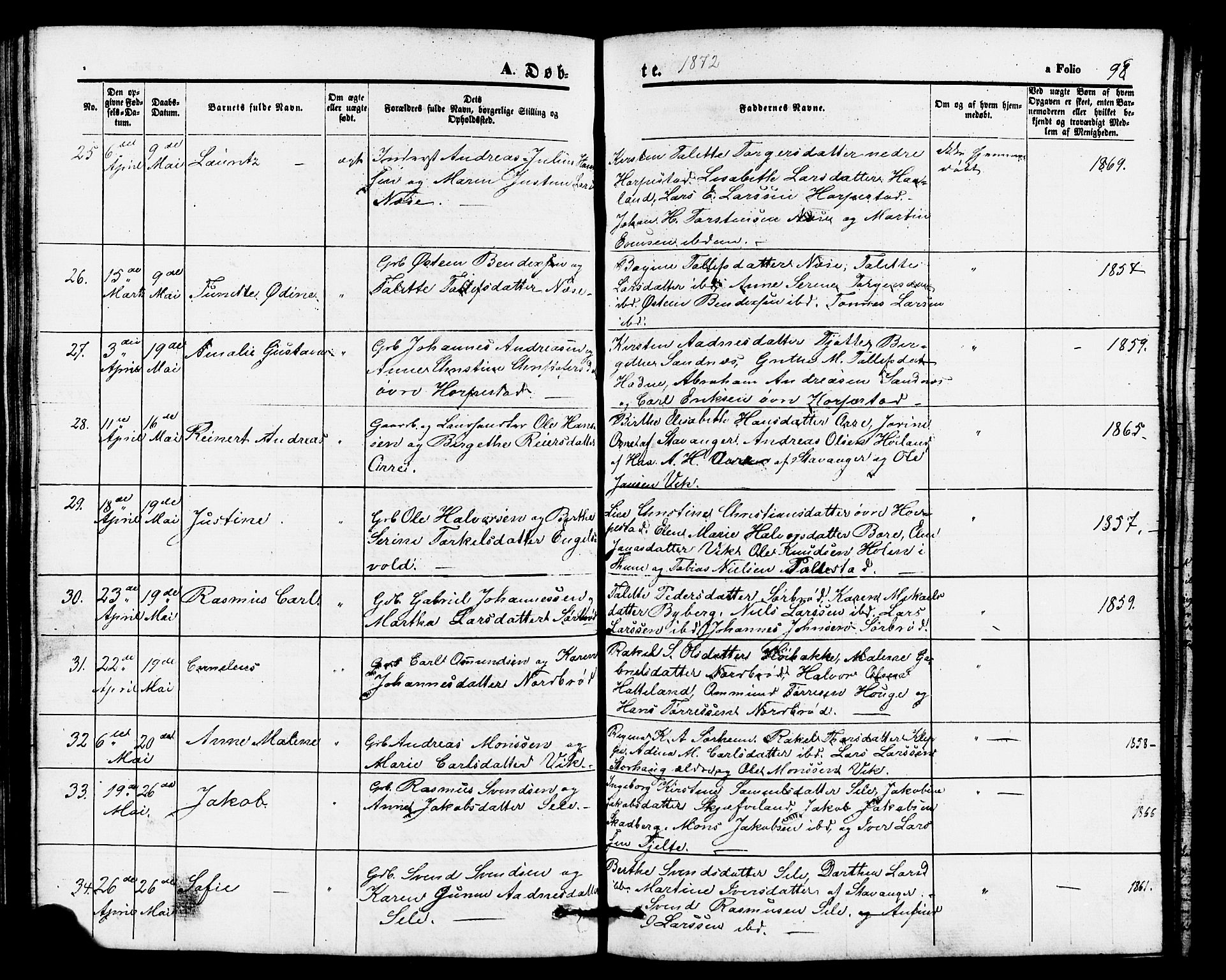 Klepp sokneprestkontor, AV/SAST-A-101803/001/3/30BB/L0002: Klokkerbok nr. B 2, 1860-1875, s. 98