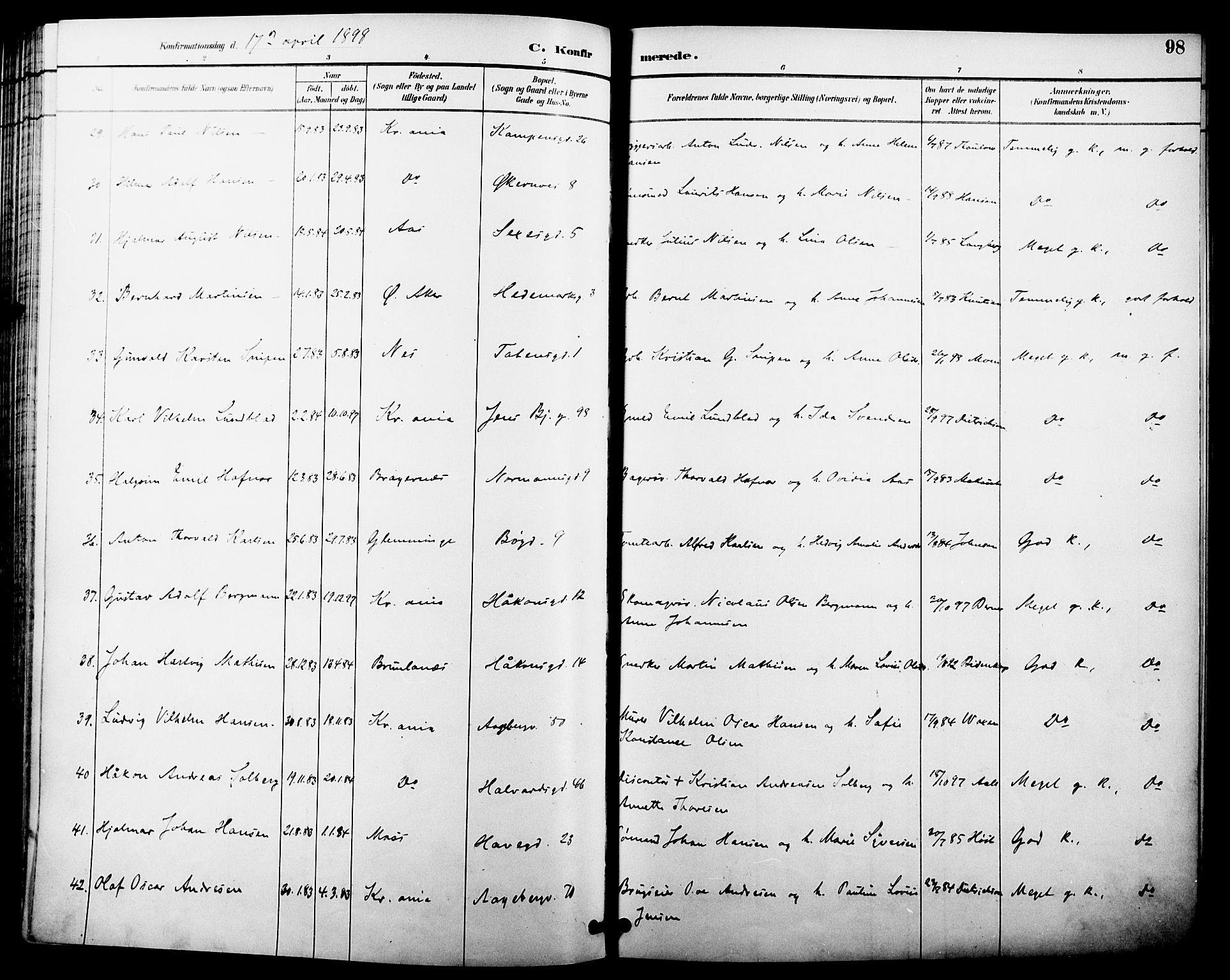 Kampen prestekontor Kirkebøker, AV/SAO-A-10853/F/Fa/L0008: Ministerialbok nr. I 8, 1892-1902, s. 98