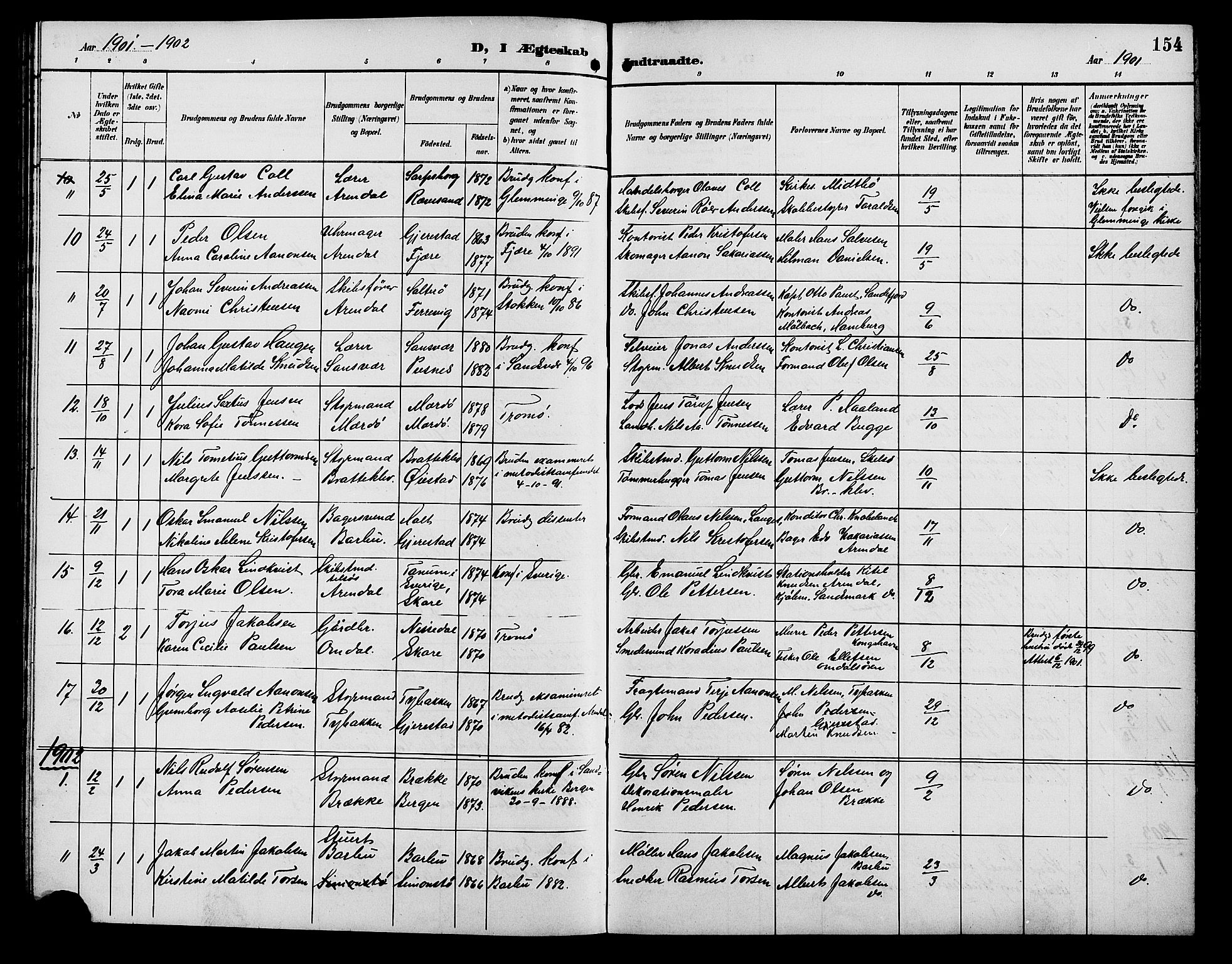 Tromøy sokneprestkontor, AV/SAK-1111-0041/F/Fb/L0006: Klokkerbok nr. B 6, 1892-1907, s. 154