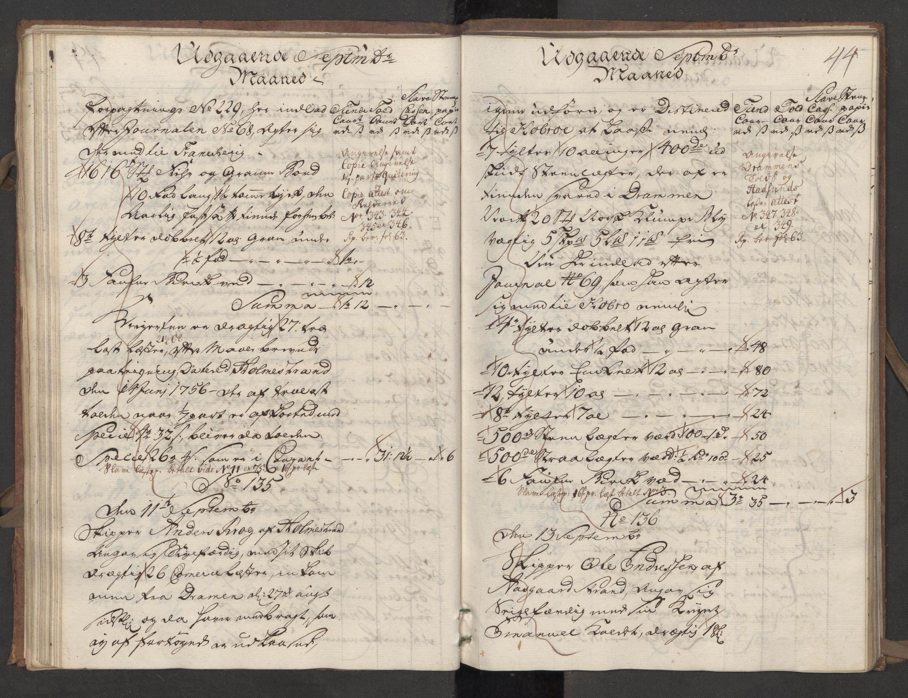 Generaltollkammeret, tollregnskaper, AV/RA-EA-5490/R09/L0022/0001: Tollregnskaper Holmestrand / Utgående hovedtollbok, 1756, s. 43b-44a