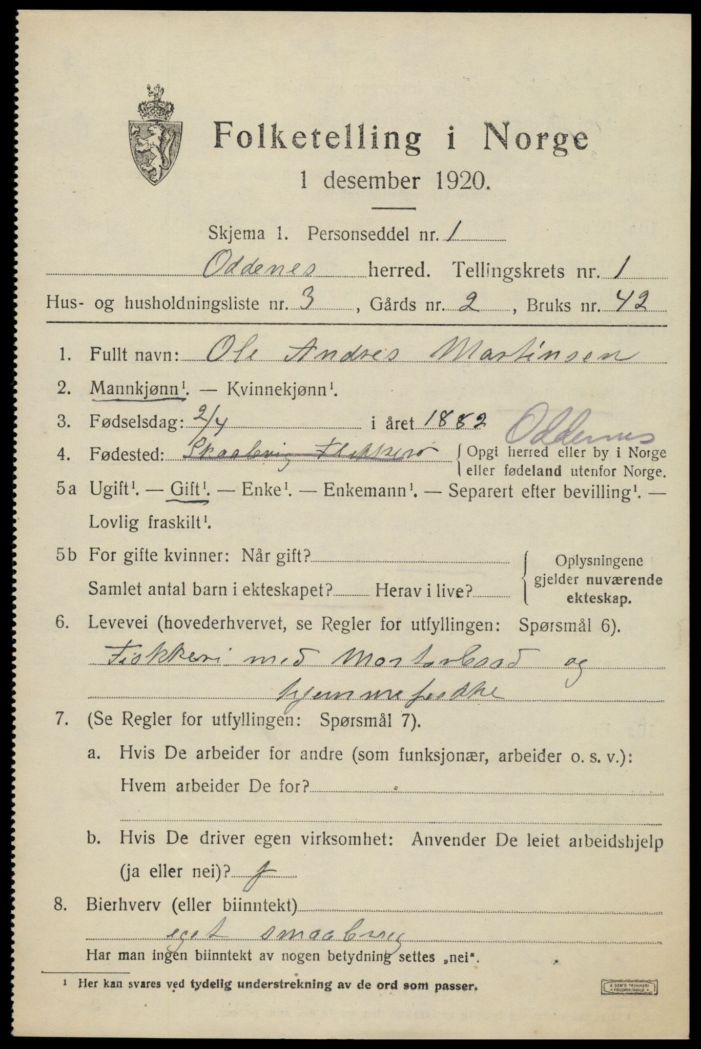 SAK, Folketelling 1920 for 1012 Oddernes herred, 1920, s. 2017