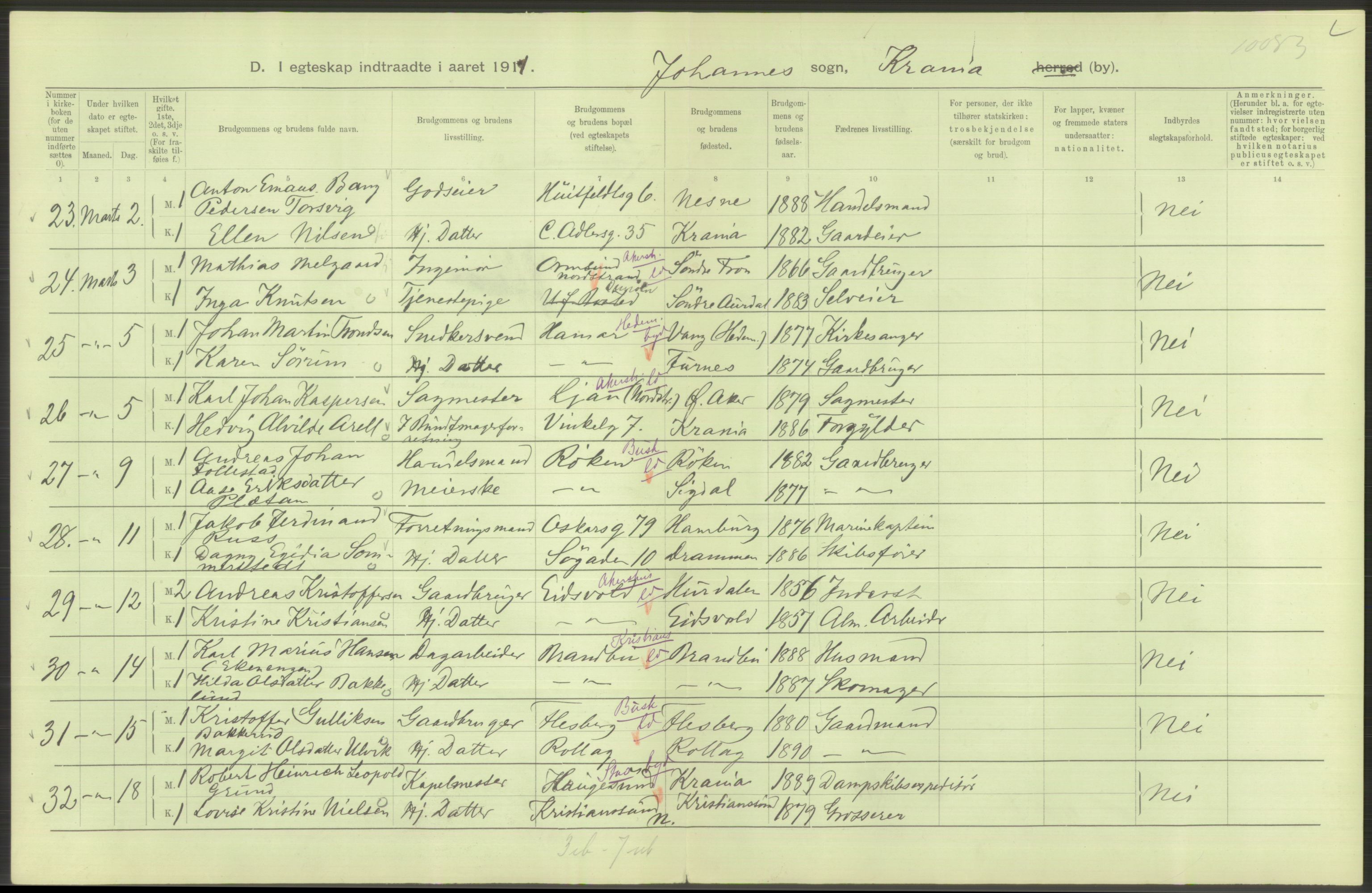 Statistisk sentralbyrå, Sosiodemografiske emner, Befolkning, AV/RA-S-2228/D/Df/Dfb/Dfba/L0008: Kristiania: Gifte, 1911, s. 440