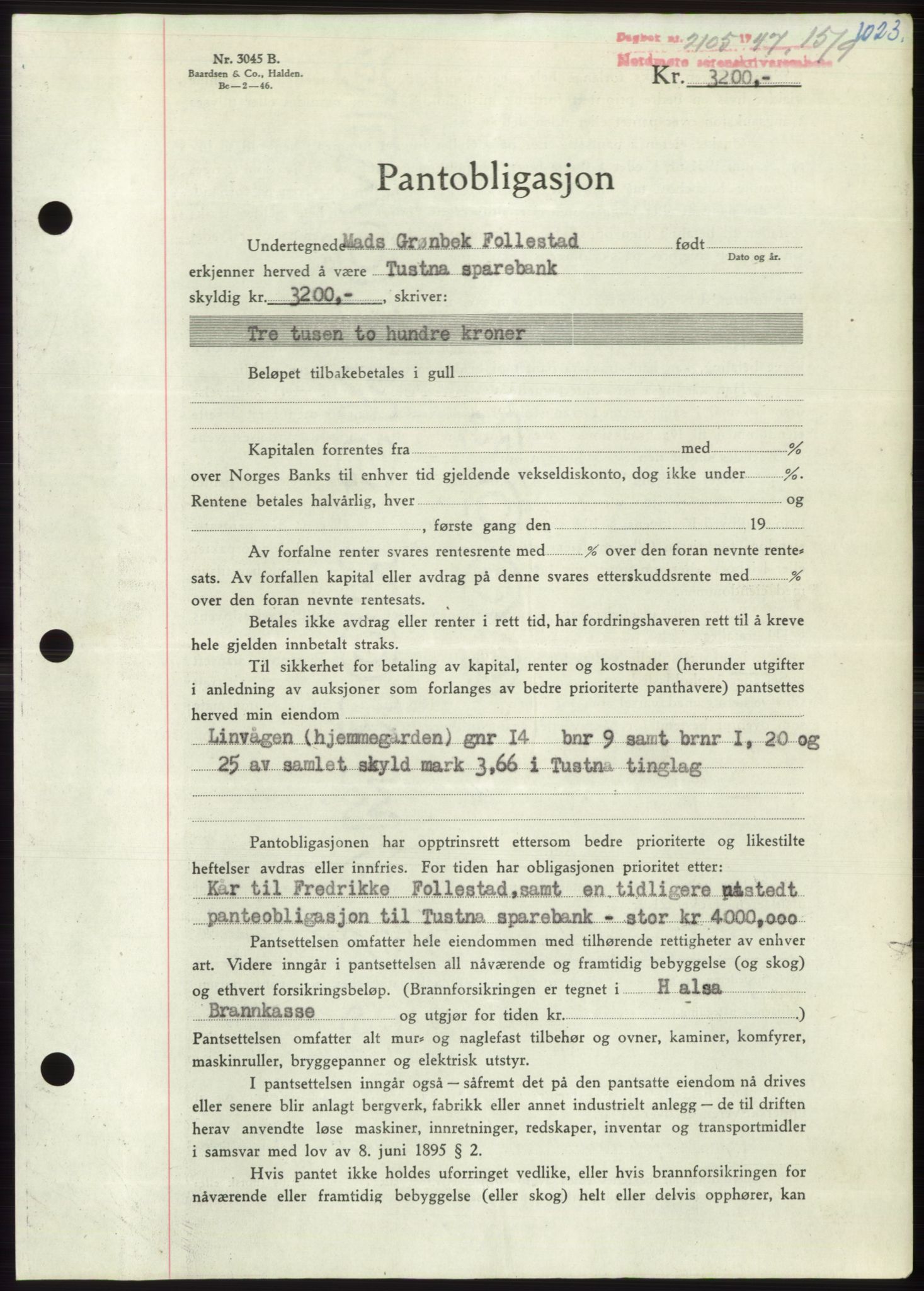 Nordmøre sorenskriveri, SAT/A-4132/1/2/2Ca: Pantebok nr. B96, 1947-1947, Dagboknr: 2105/1947