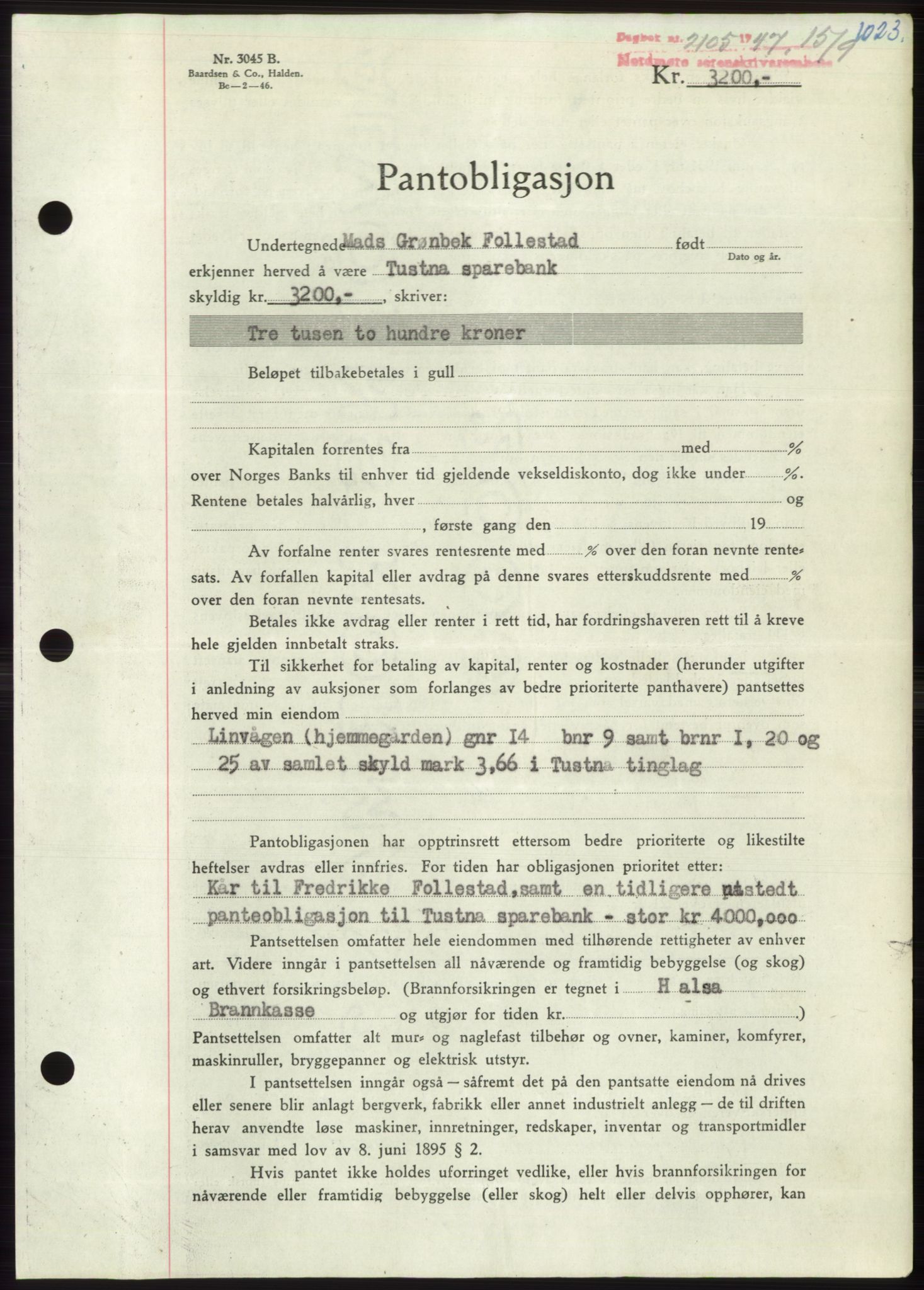 Nordmøre sorenskriveri, AV/SAT-A-4132/1/2/2Ca: Pantebok nr. B96, 1947-1947, Dagboknr: 2105/1947