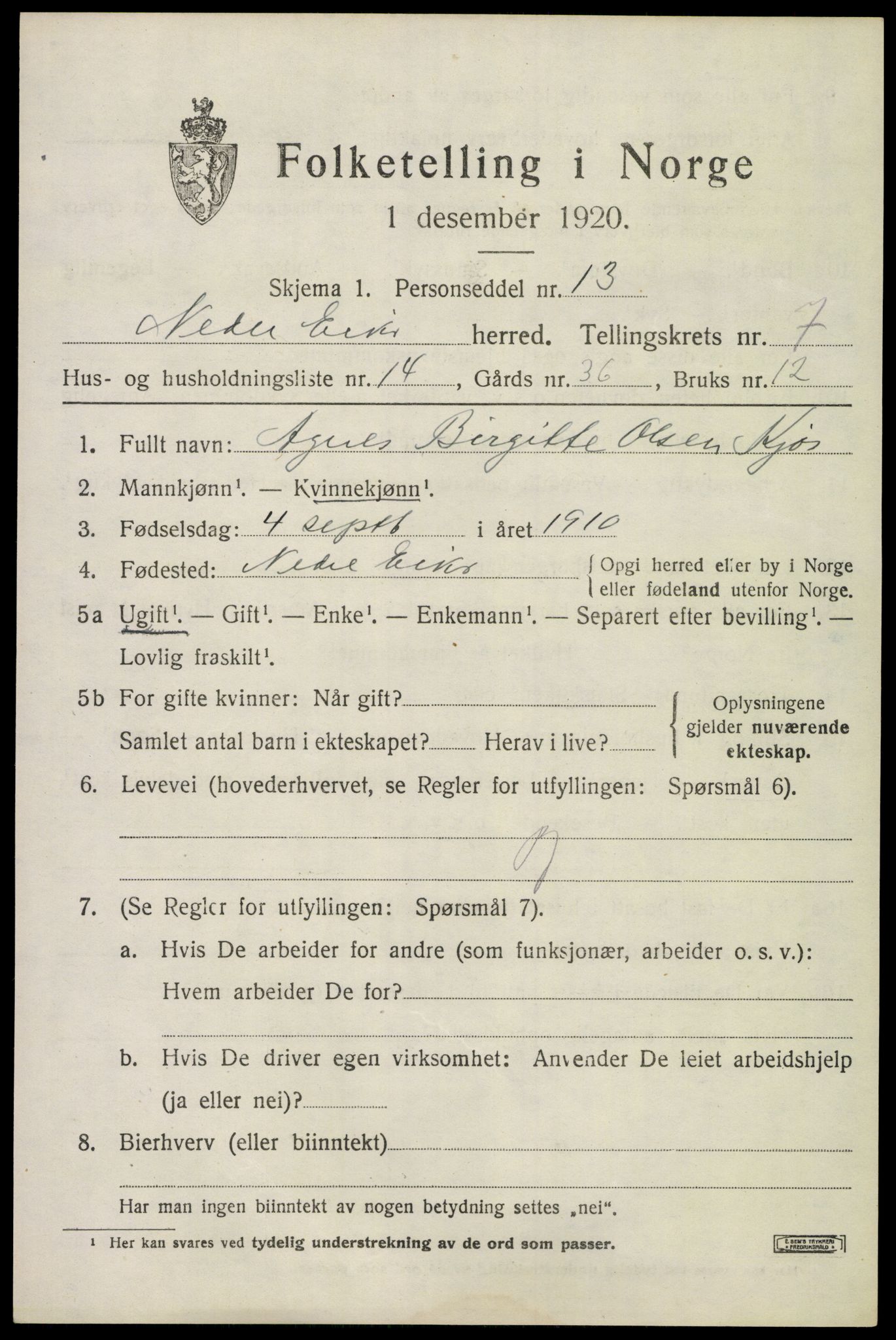 SAKO, Folketelling 1920 for 0625 Nedre Eiker herred, 1920, s. 7591