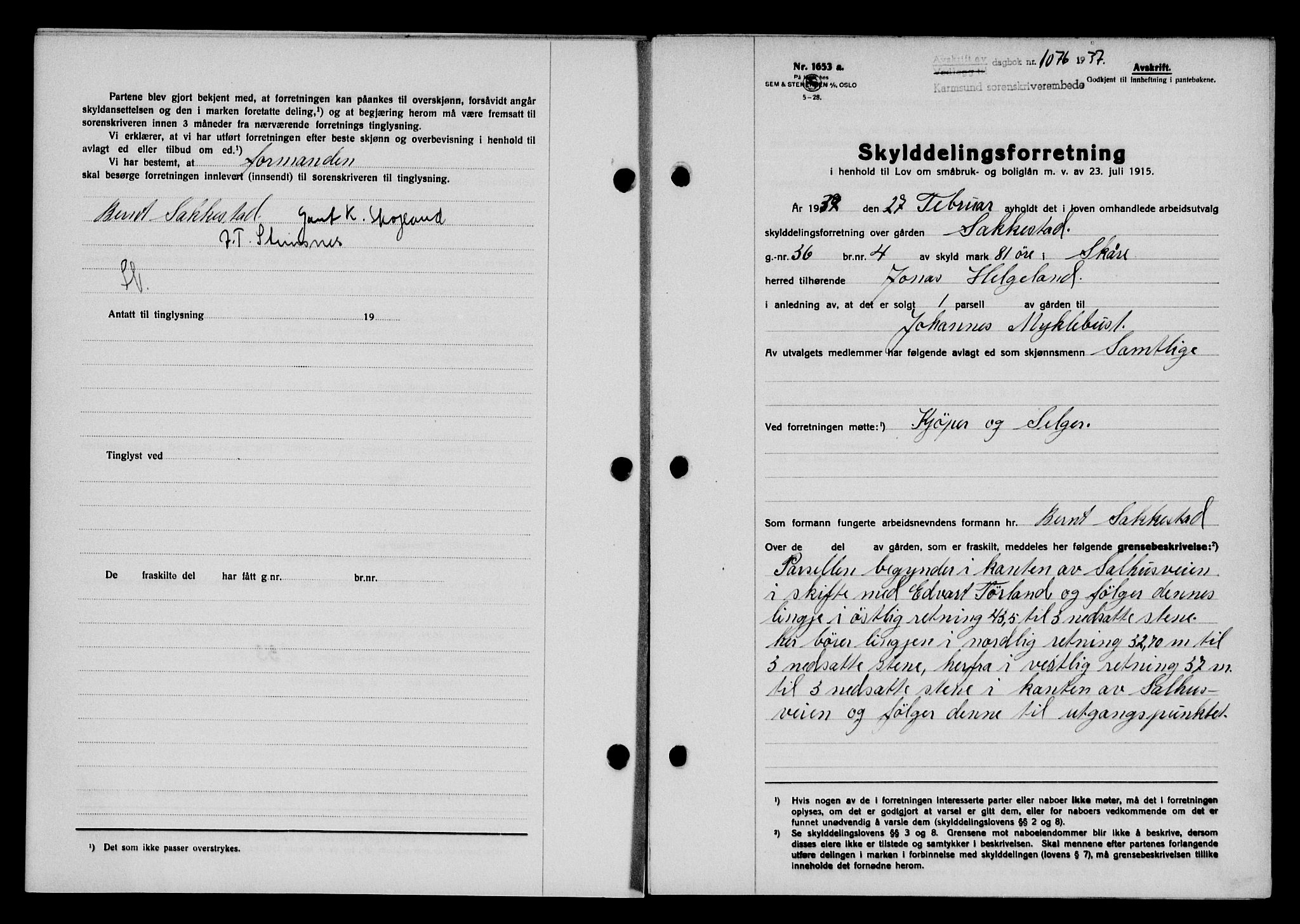Karmsund sorenskriveri, SAST/A-100311/01/II/IIB/L0068: Pantebok nr. 49A, 1937-1937, Dagboknr: 1076/1937