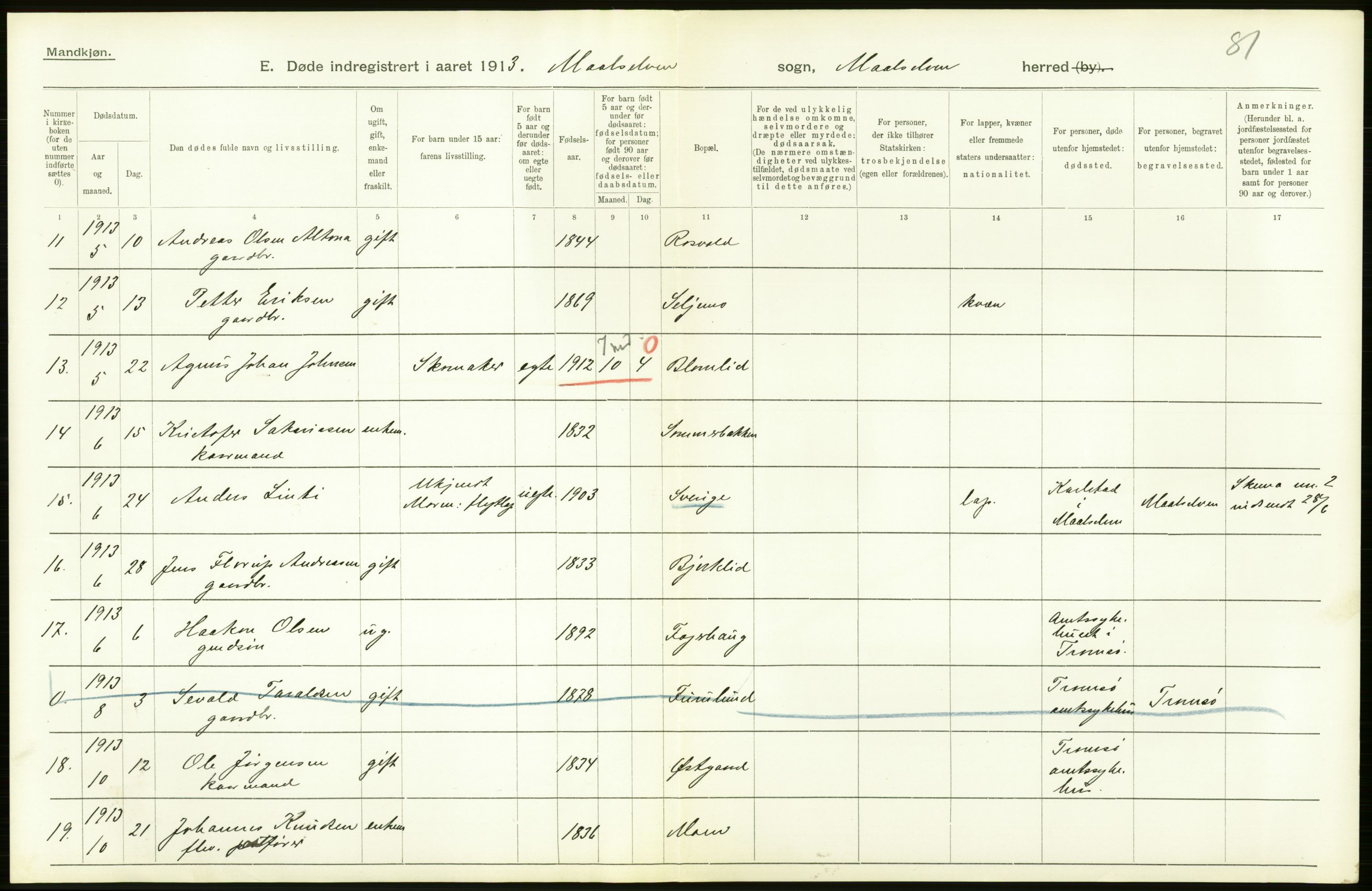 Statistisk sentralbyrå, Sosiodemografiske emner, Befolkning, AV/RA-S-2228/D/Df/Dfb/Dfbc/L0047: Tromsø amt: Gifte, døde, dødfødte. Bygder og byer., 1913, s. 212