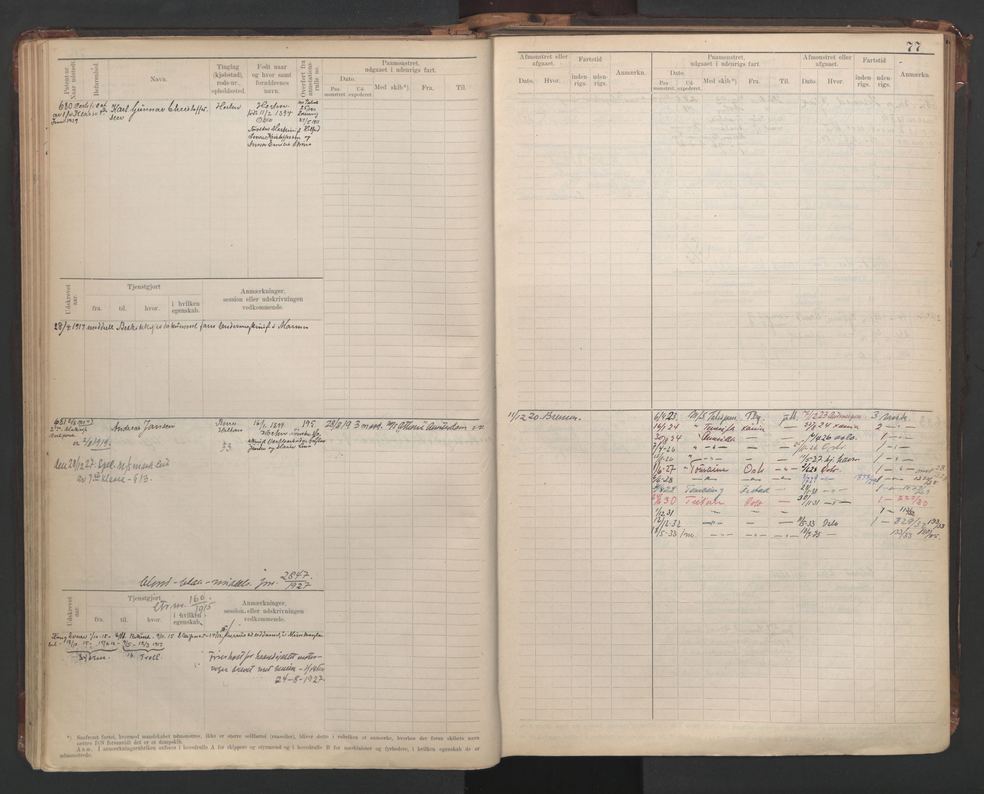 Horten innrulleringskontor, AV/SAKO-A-785/F/Fe/L0008: Maskinist, fyrbøterrulle, 1911-1948, s. 77