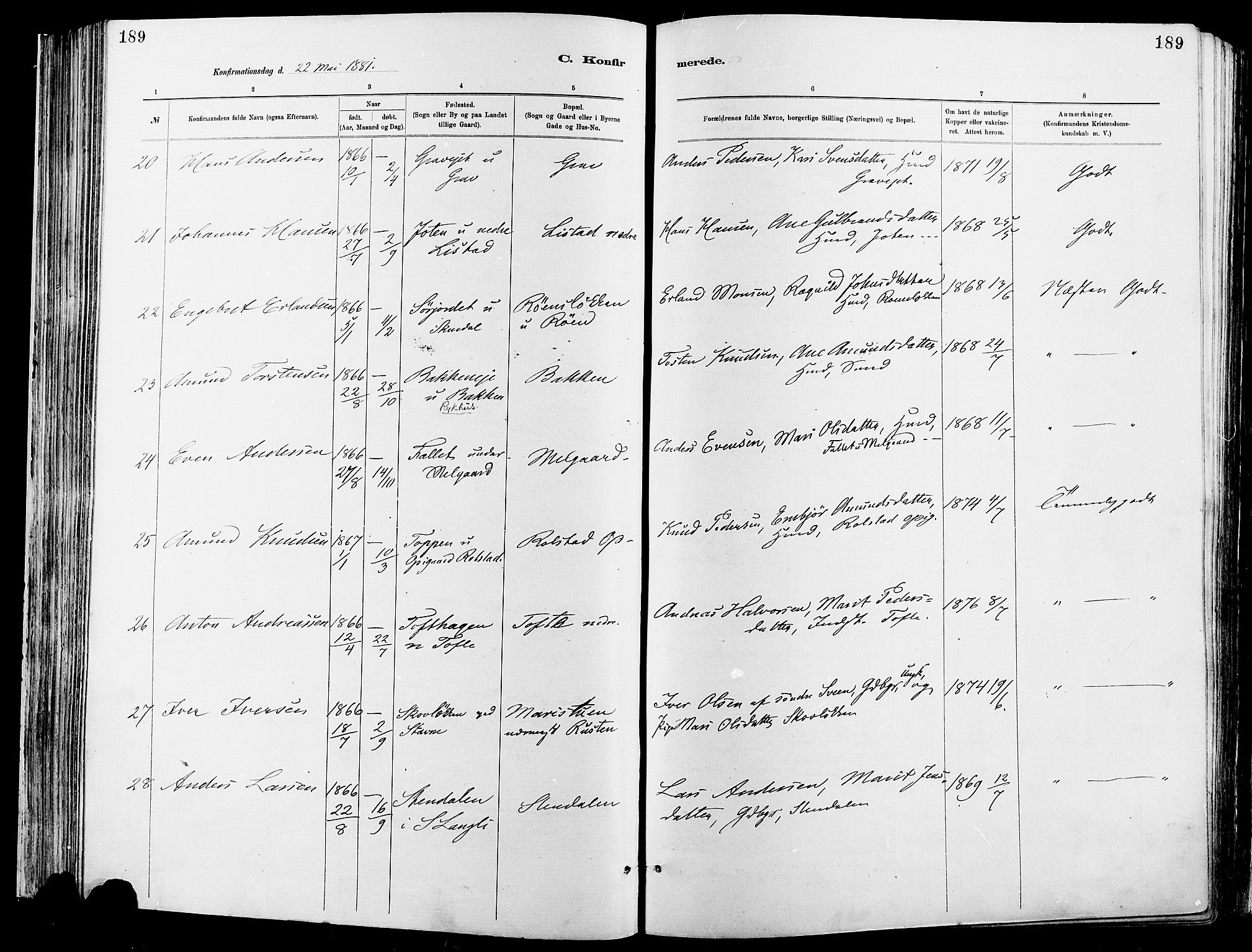 Sør-Fron prestekontor, AV/SAH-PREST-010/H/Ha/Haa/L0003: Ministerialbok nr. 3, 1881-1897, s. 189