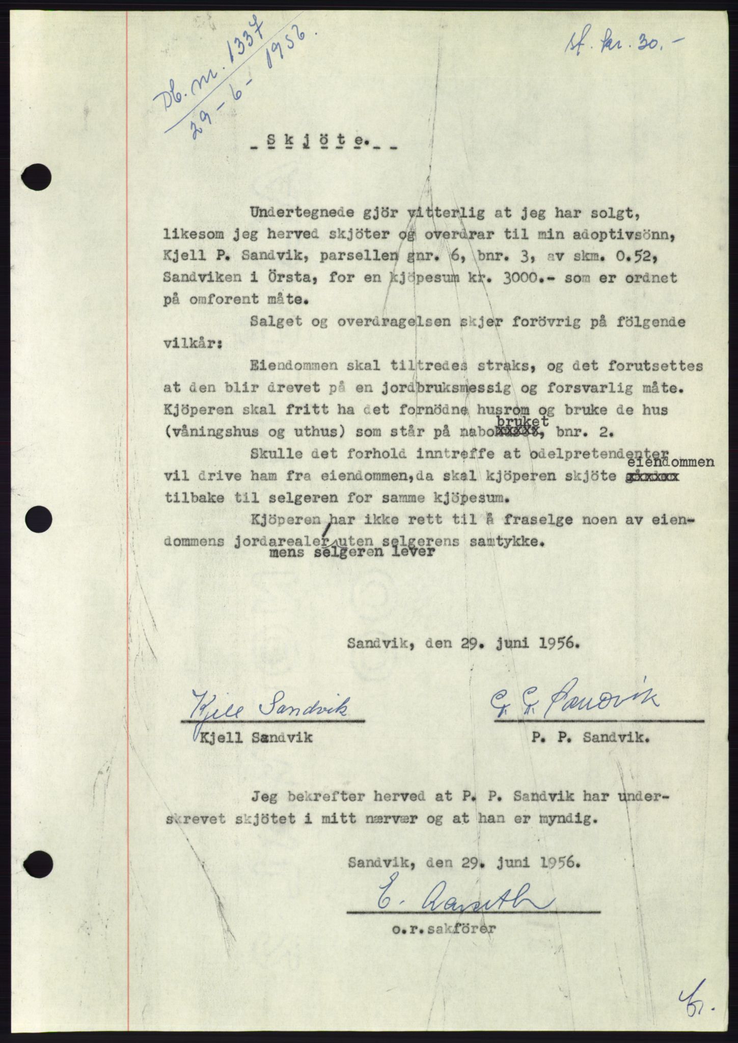 Søre Sunnmøre sorenskriveri, AV/SAT-A-4122/1/2/2C/L0104: Pantebok nr. 30A, 1956-1956, Dagboknr: 1337/1956