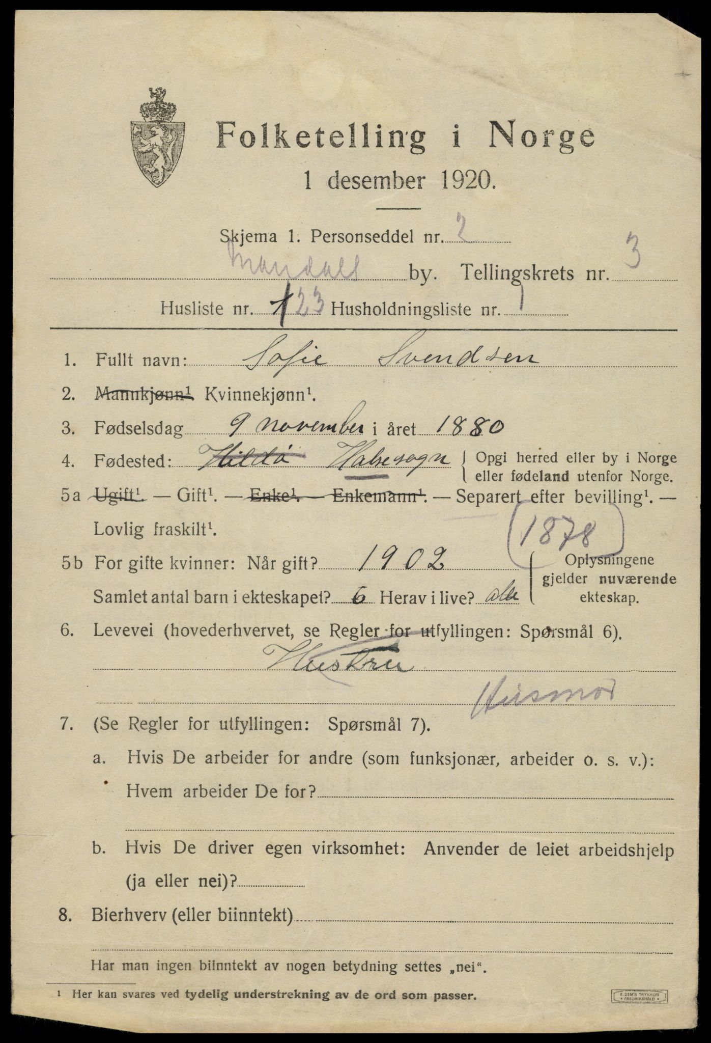 SAK, Folketelling 1920 for 1002 Mandal ladested, 1920, s. 6855