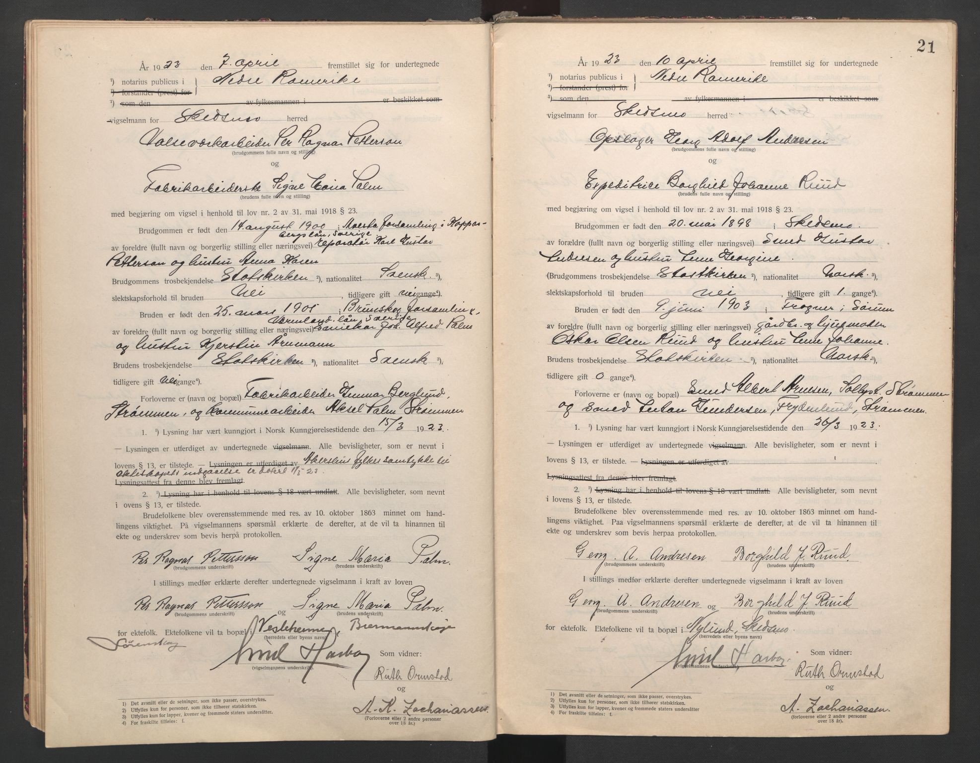 Nedre Romerike sorenskriveri, SAO/A-10469/L/Lb/L0001: Vigselsbok - borgerlige vielser, 1920-1935, s. 21