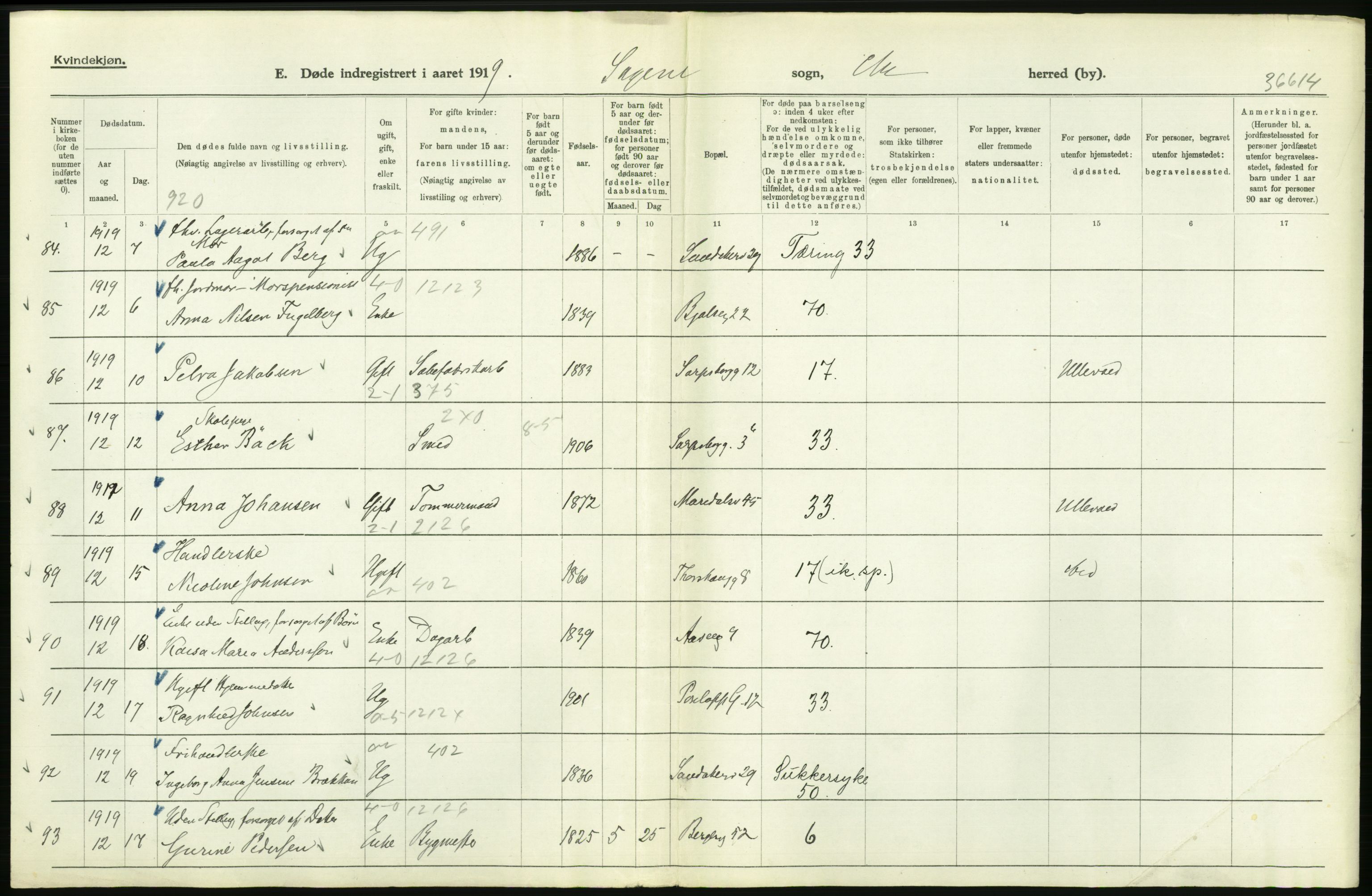 Statistisk sentralbyrå, Sosiodemografiske emner, Befolkning, RA/S-2228/D/Df/Dfb/Dfbi/L0010: Kristiania: Døde, 1919, s. 170