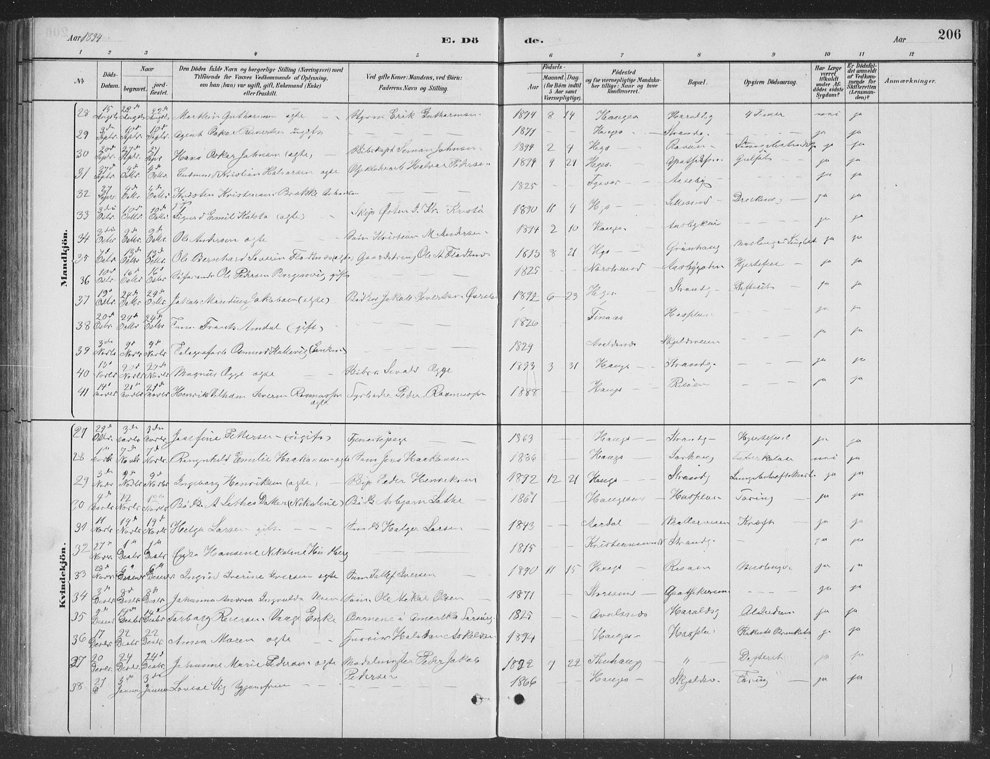 Haugesund sokneprestkontor, AV/SAST-A -101863/H/Ha/Hab/L0002: Klokkerbok nr. B 2, 1881-1894, s. 206