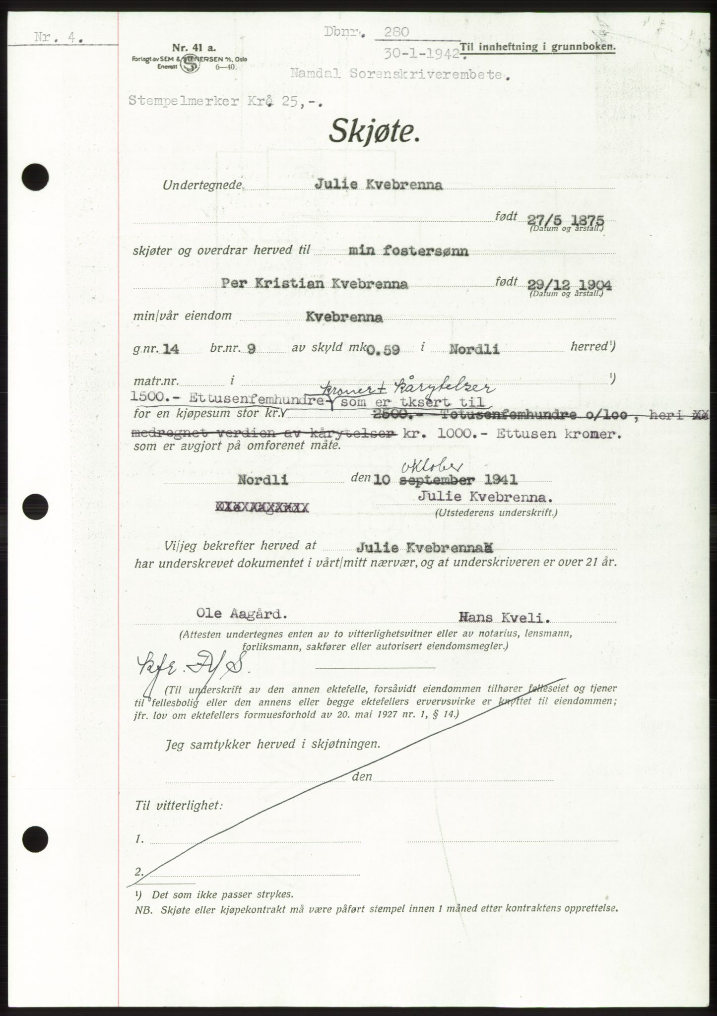 Namdal sorenskriveri, SAT/A-4133/1/2/2C: Pantebok nr. -, 1941-1942, Dagboknr: 280/1942