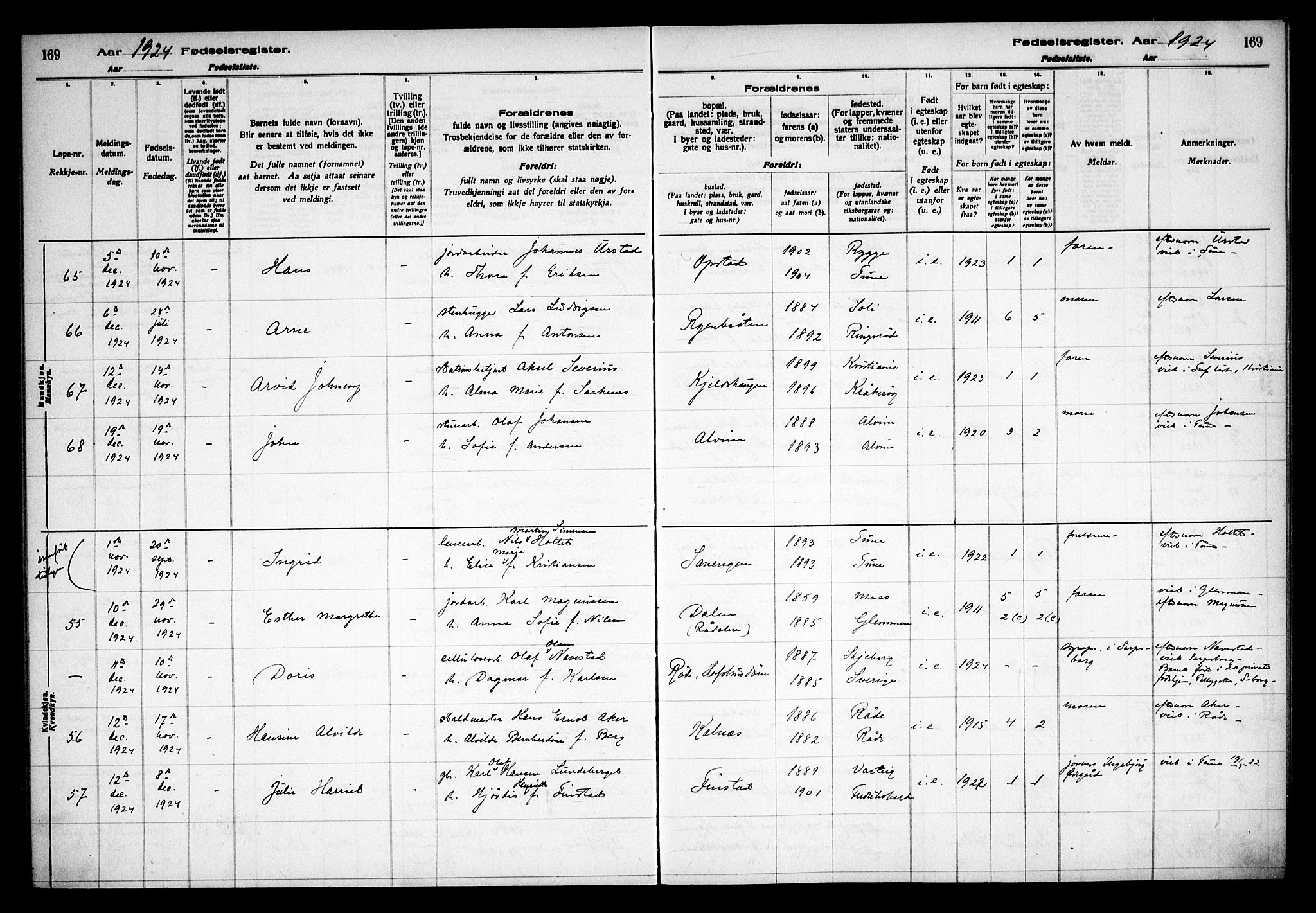 Tune prestekontor Kirkebøker, AV/SAO-A-2007/J/Ja/L0001: Fødselsregister nr. I 1, 1916-1928, s. 169