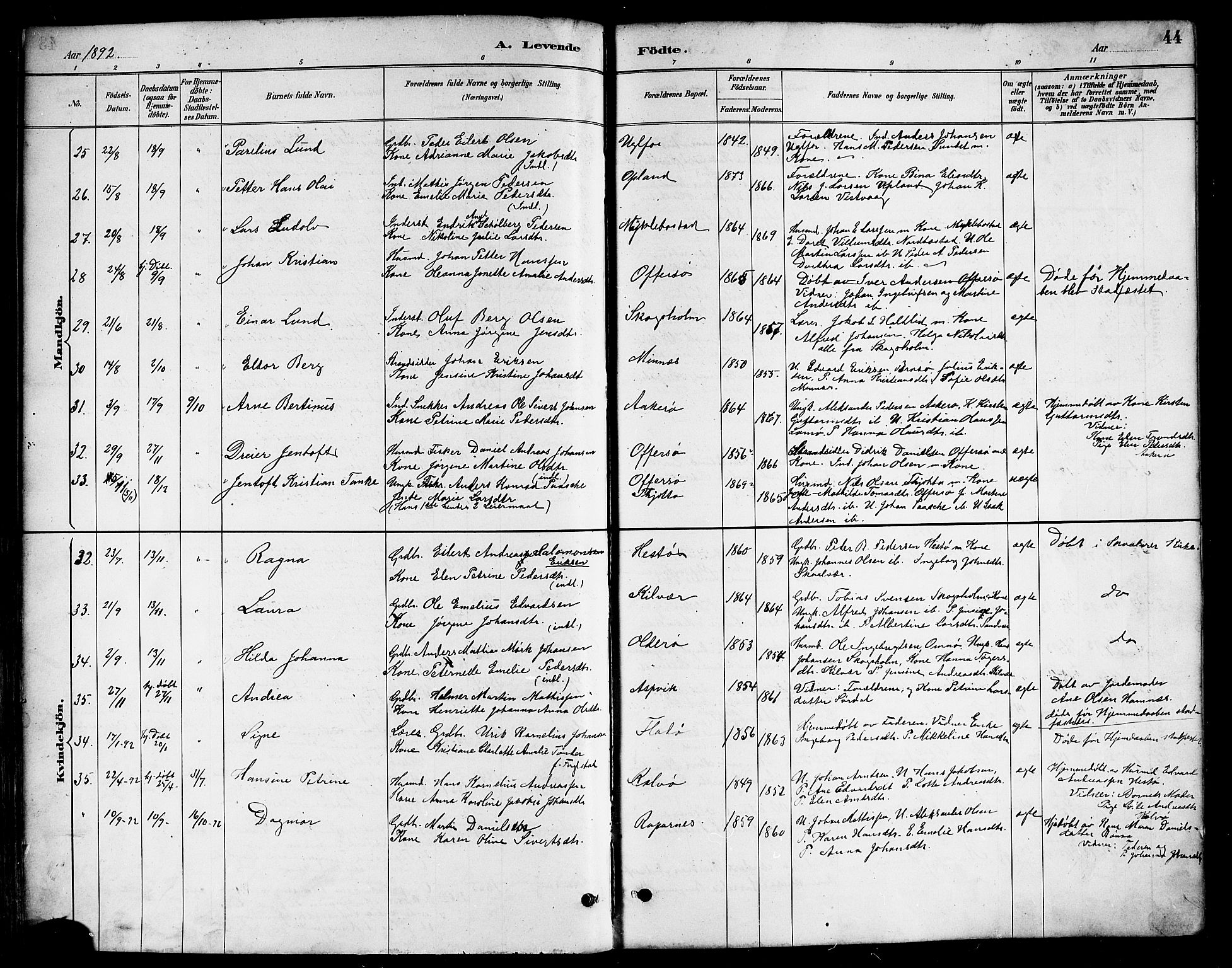 Ministerialprotokoller, klokkerbøker og fødselsregistre - Nordland, AV/SAT-A-1459/817/L0268: Klokkerbok nr. 817C03, 1884-1920, s. 44