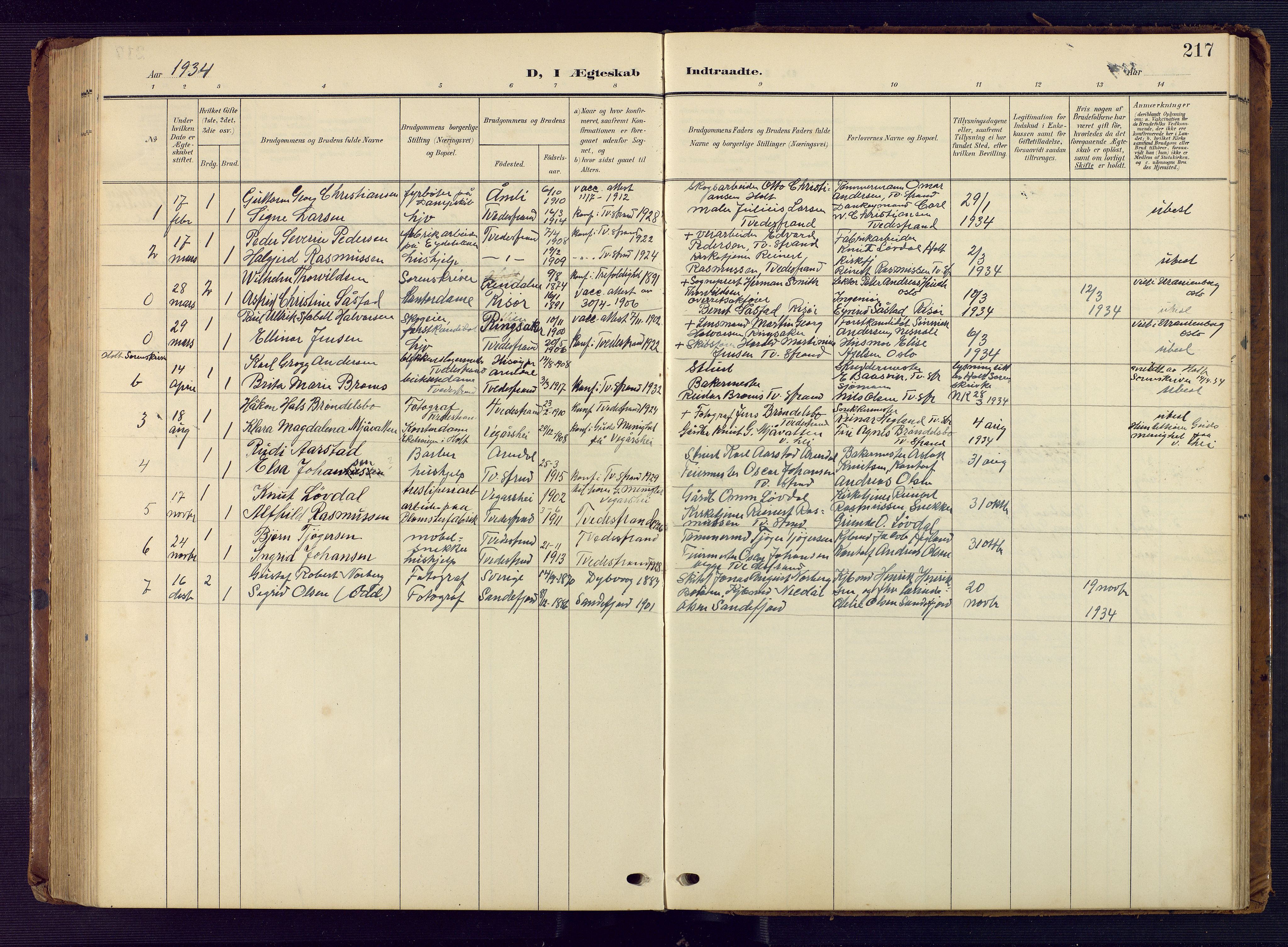 Tvedestrand sokneprestkontor, SAK/1111-0042/F/Fb/L0001: Klokkerbok nr. B 1, 1902-1956, s. 217