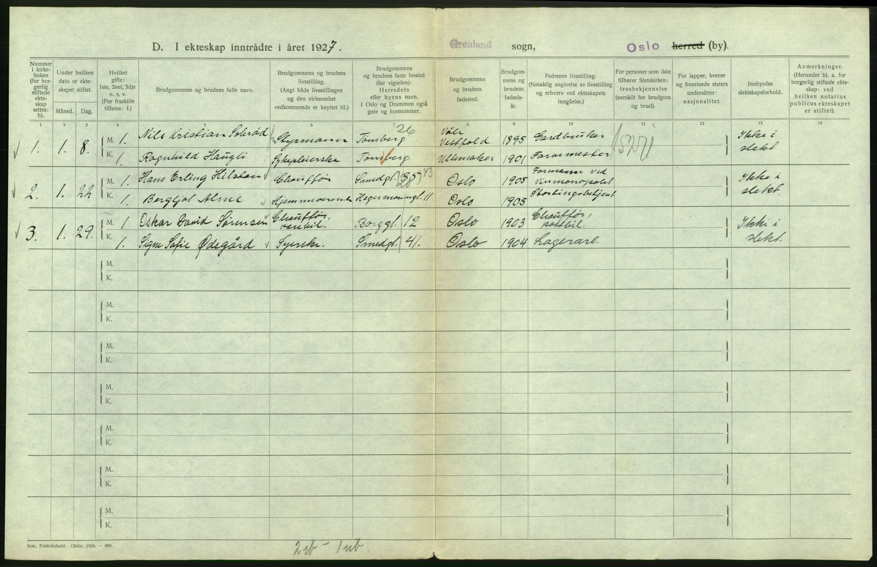 Statistisk sentralbyrå, Sosiodemografiske emner, Befolkning, RA/S-2228/D/Df/Dfc/Dfcg/L0008: Oslo: Gifte, 1927, s. 478