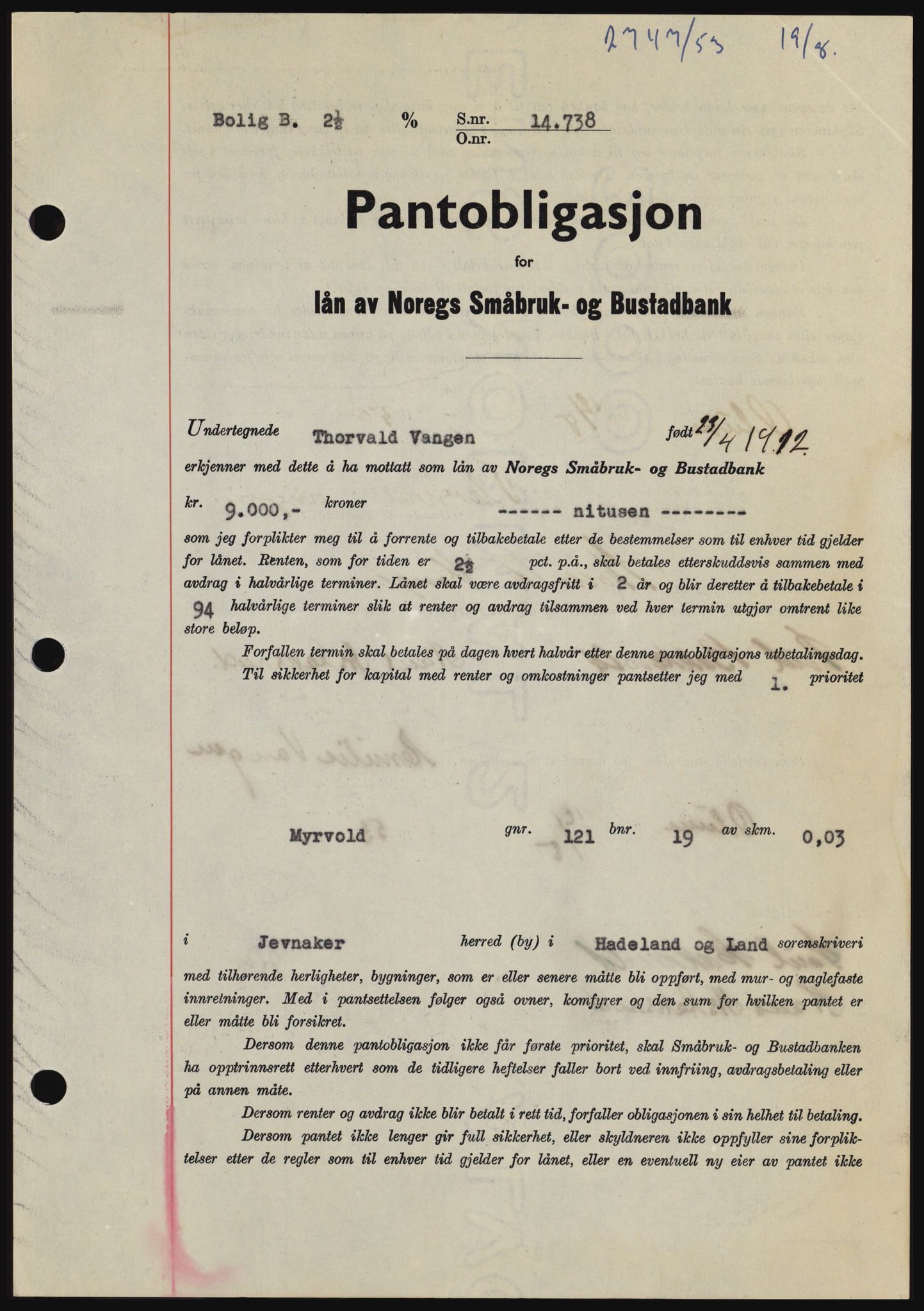 Hadeland og Land tingrett, SAH/TING-010/H/Hb/Hbc/L0027: Pantebok nr. B27, 1953-1953, Dagboknr: 2747/1953