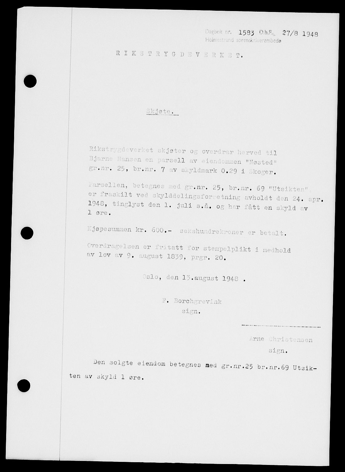 Holmestrand sorenskriveri, SAKO/A-67/G/Ga/Gaa/L0064: Pantebok nr. A-64, 1948-1948, Dagboknr: 1583/1948