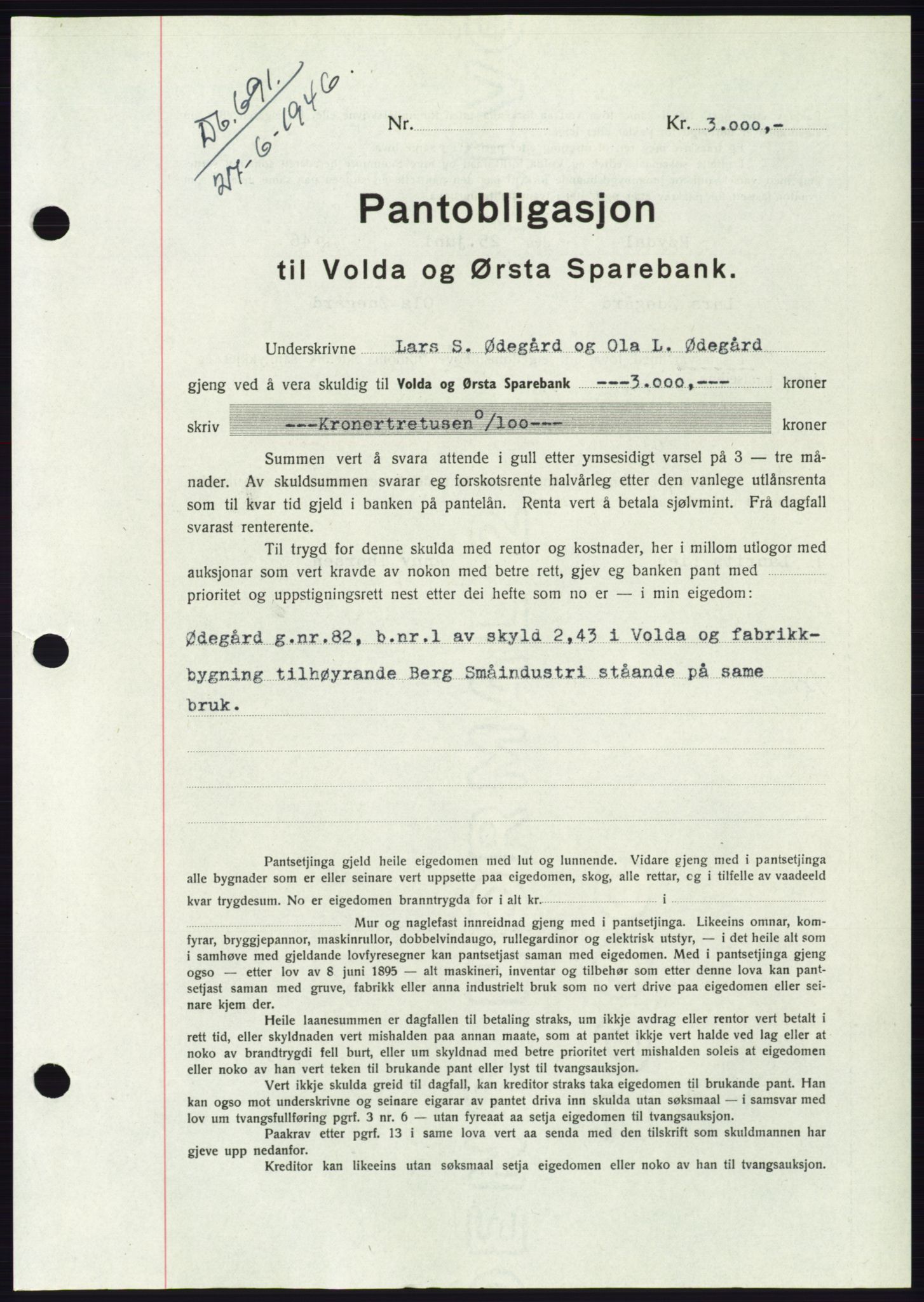 Søre Sunnmøre sorenskriveri, AV/SAT-A-4122/1/2/2C/L0114: Pantebok nr. 1-2B, 1943-1947, Dagboknr: 691/1946