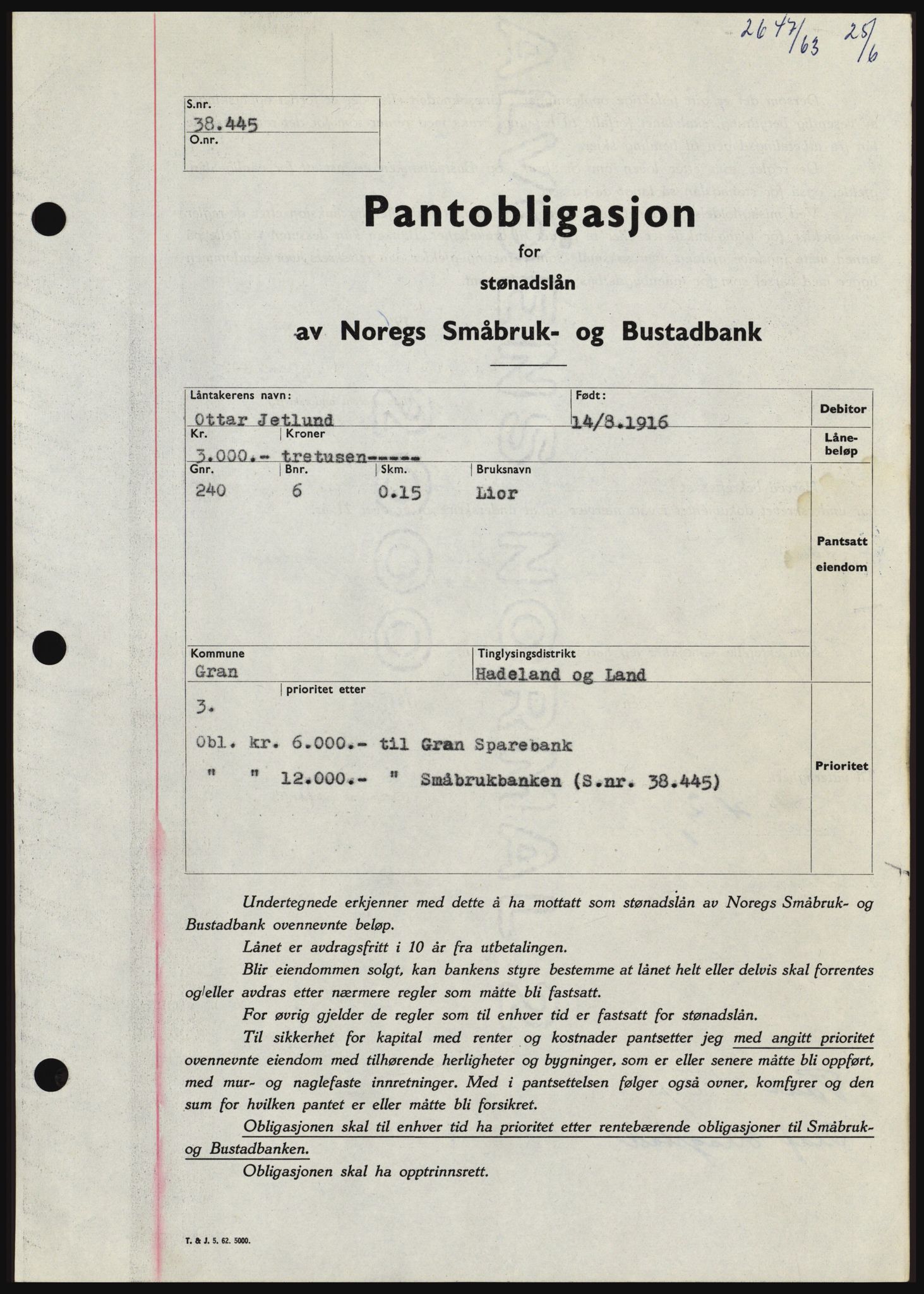 Hadeland og Land tingrett, SAH/TING-010/H/Hb/Hbc/L0052: Pantebok nr. B52, 1963-1963, Dagboknr: 2647/1963