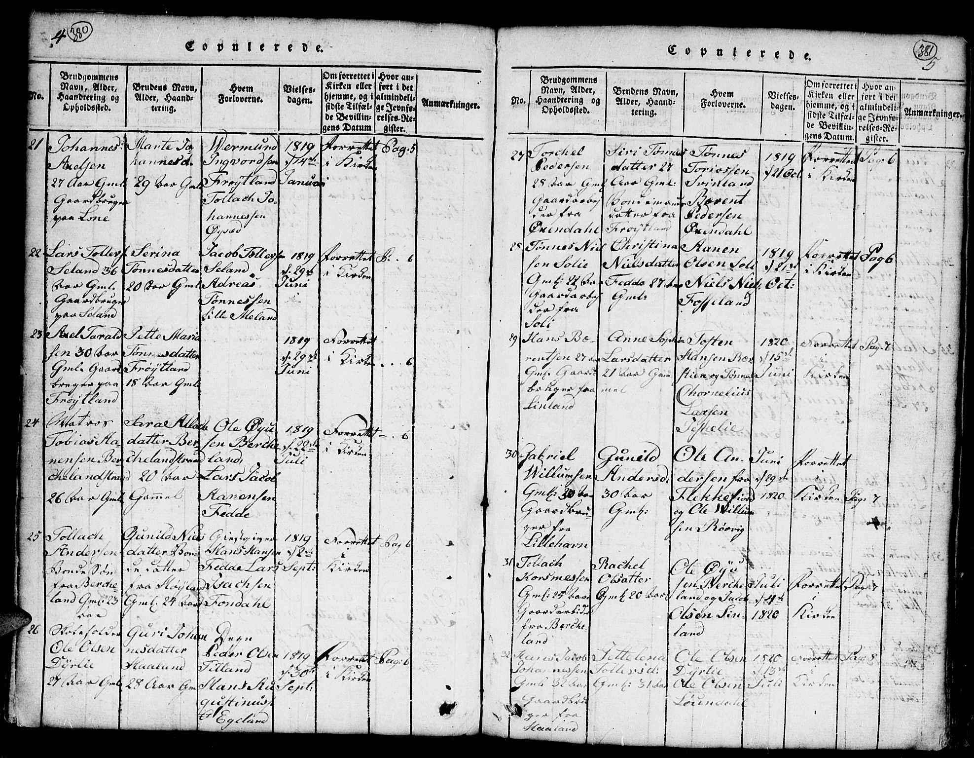 Kvinesdal sokneprestkontor, AV/SAK-1111-0026/F/Fb/Fba/L0001: Klokkerbok nr. B 1, 1815-1839, s. 380-381