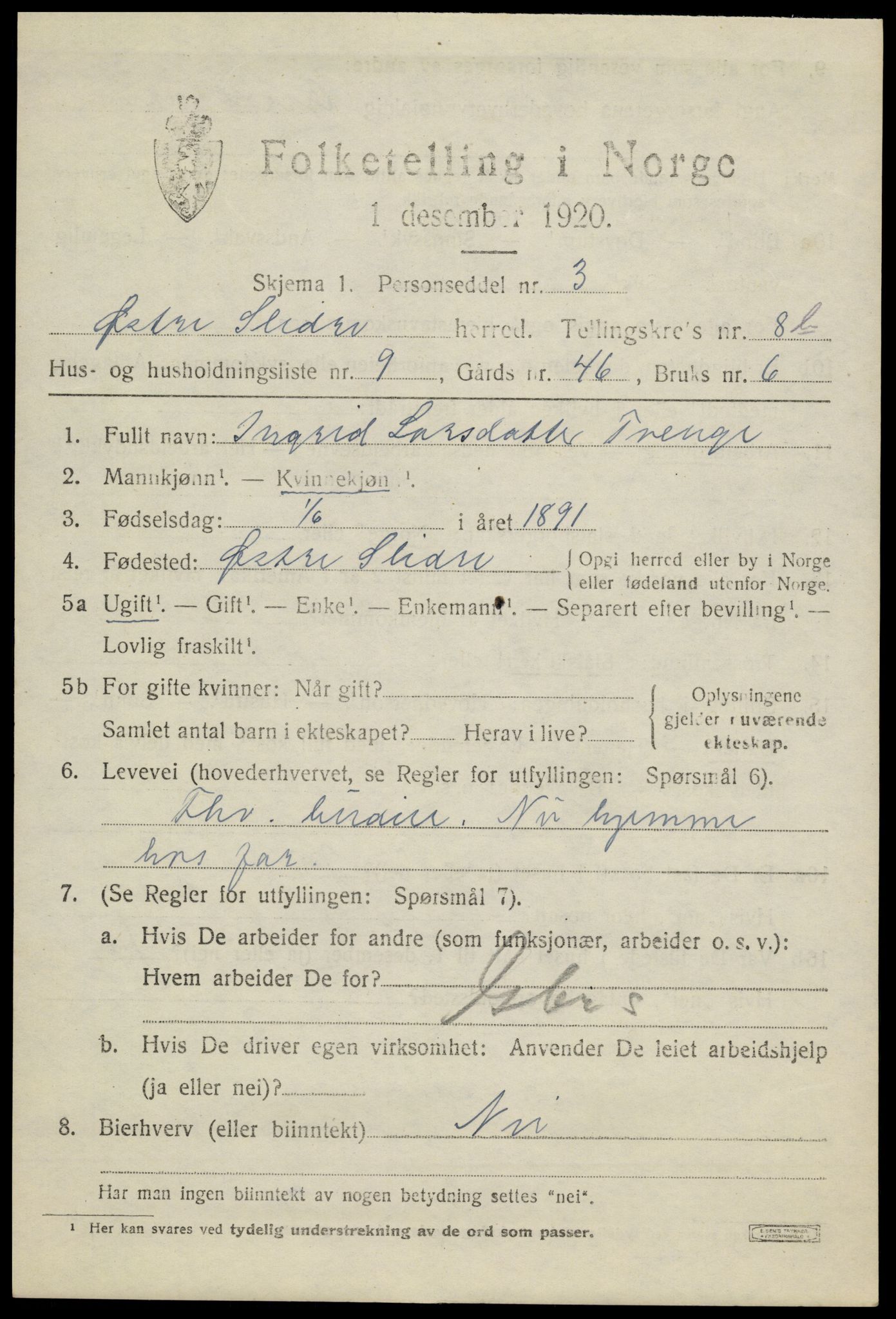 SAH, Folketelling 1920 for 0544 Øystre Slidre herred, 1920, s. 5431