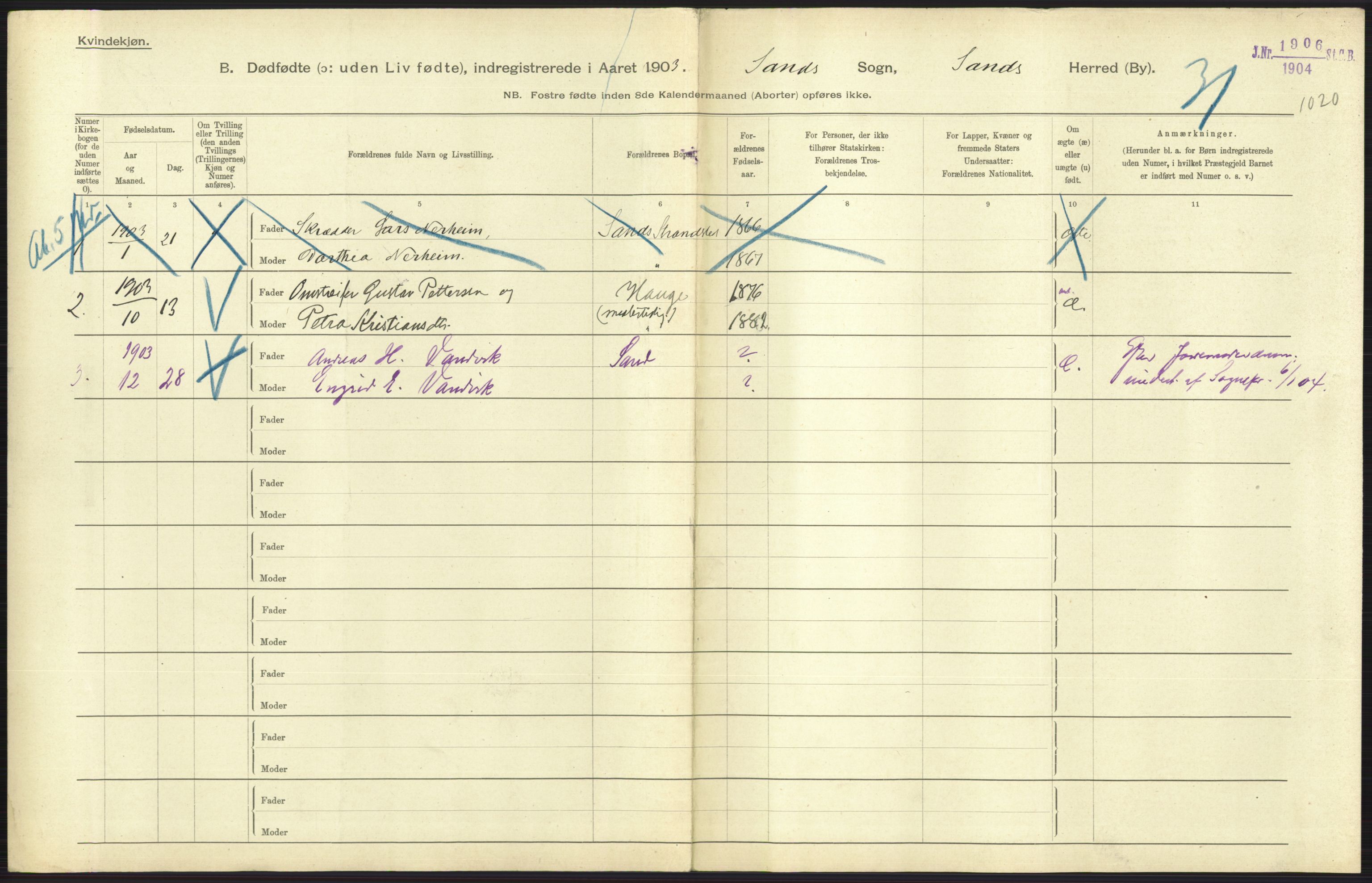 Statistisk sentralbyrå, Sosiodemografiske emner, Befolkning, AV/RA-S-2228/D/Df/Dfa/Dfaa/L0024: Smålenenes - Stavanger amt: Dødfødte. Bygder., 1903, s. 539