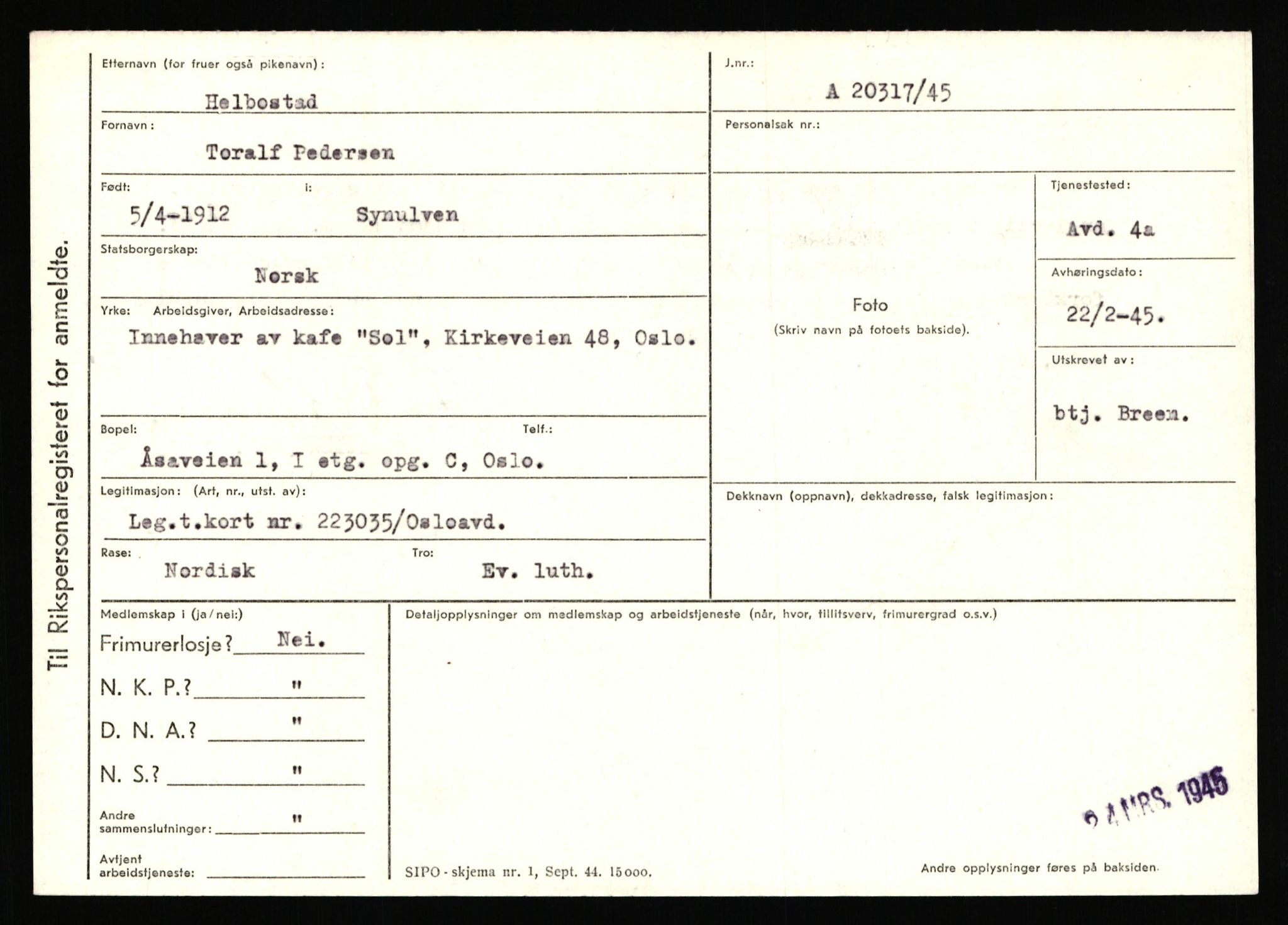 Statspolitiet - Hovedkontoret / Osloavdelingen, AV/RA-S-1329/C/Ca/L0006: Hanche - Hokstvedt, 1943-1945, s. 3220