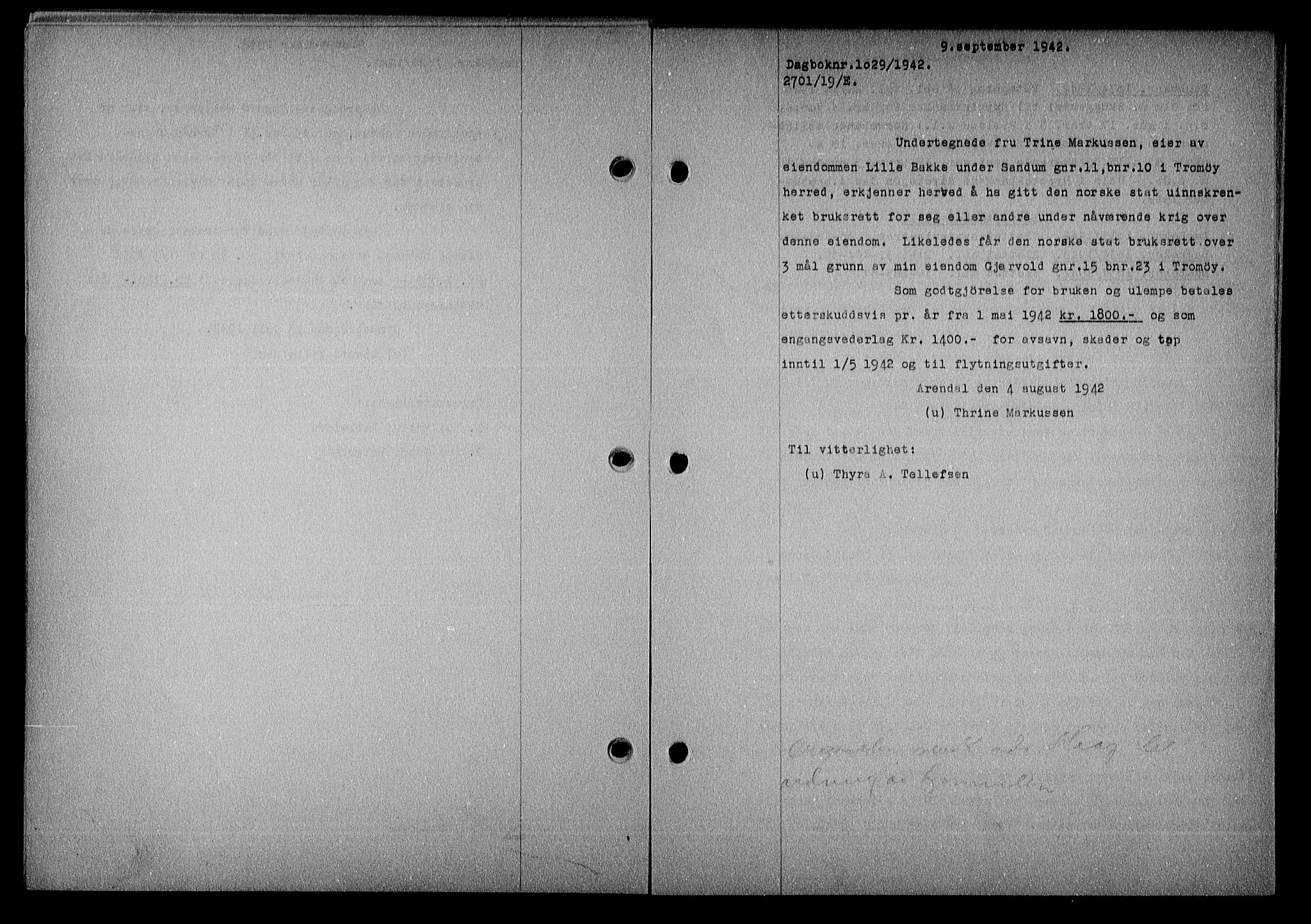 Nedenes sorenskriveri, AV/SAK-1221-0006/G/Gb/Gba/L0049: Pantebok nr. A-III, 1941-1942, Dagboknr: 1029/1942