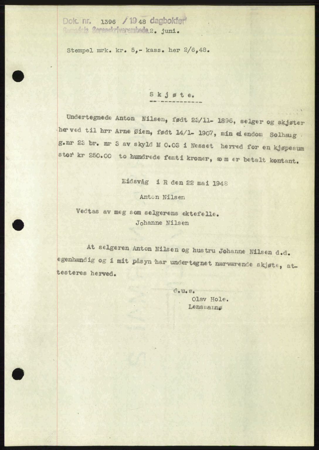 Romsdal sorenskriveri, SAT/A-4149/1/2/2C: Pantebok nr. A26, 1948-1948, Dagboknr: 1396/1948