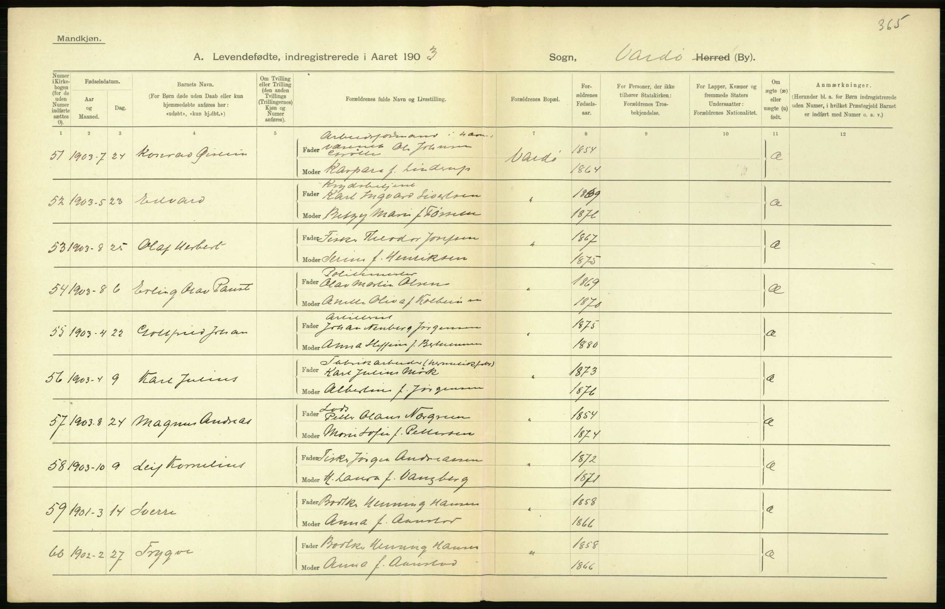 Statistisk sentralbyrå, Sosiodemografiske emner, Befolkning, AV/RA-S-2228/D/Df/Dfa/Dfaa/L0022: Finnmarkens amt: Fødte, gifte, døde., 1903, s. 134