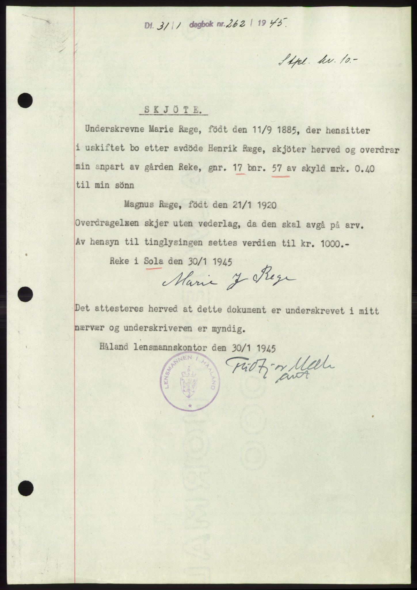Jæren sorenskriveri, SAST/A-100310/03/G/Gba/L0087: Pantebok, 1944-1945, Dagboknr: 262/1945